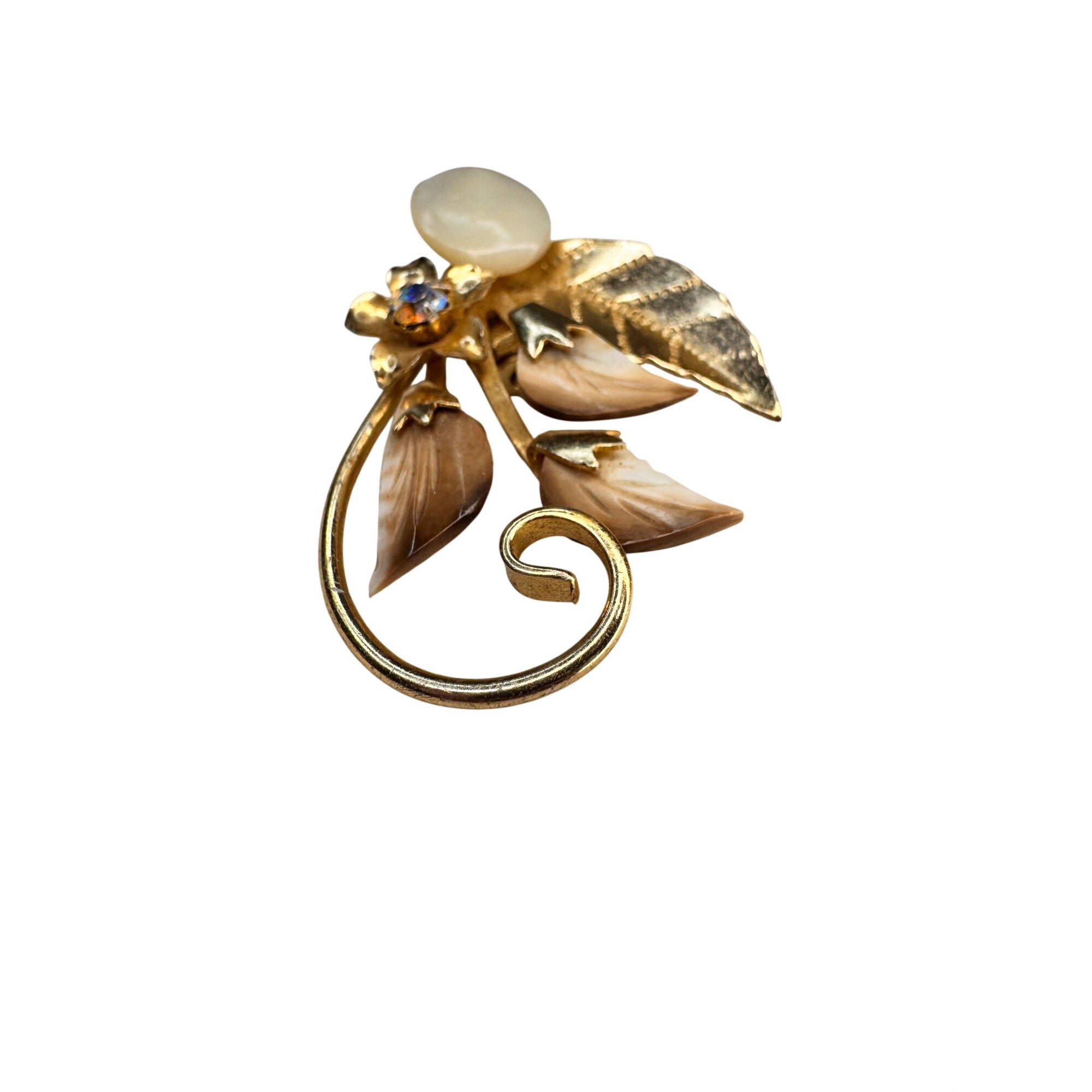 Mother of pearl Carved Shell Flower Brooch Gold Tone Faux Pearl 1950s Vintage