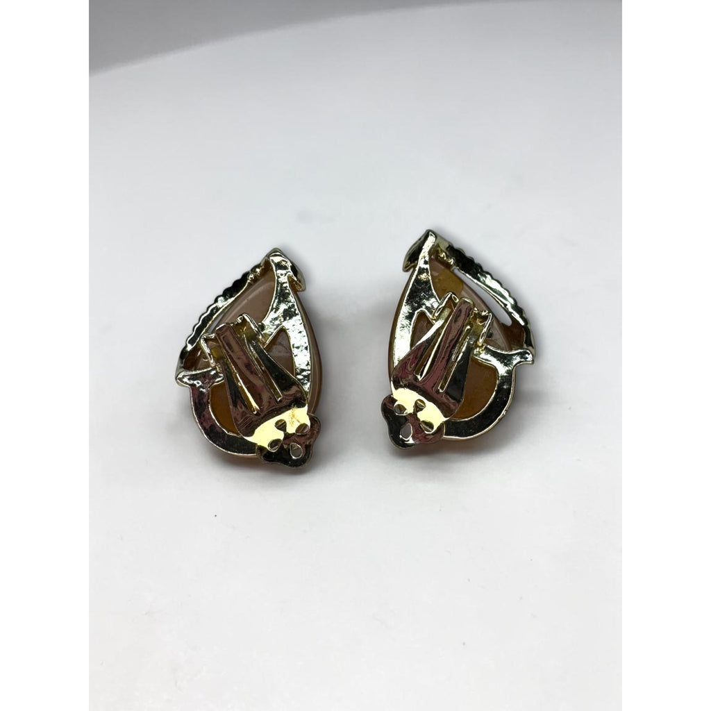 Tan Lucite Teardrop Leaf Clip On Earrings Gold Tone 1960s Vintage