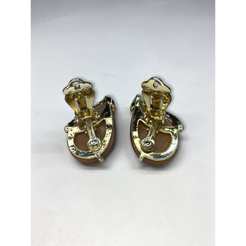 Tan Lucite Teardrop Leaf Clip On Earrings Gold Tone 1960s Vintage