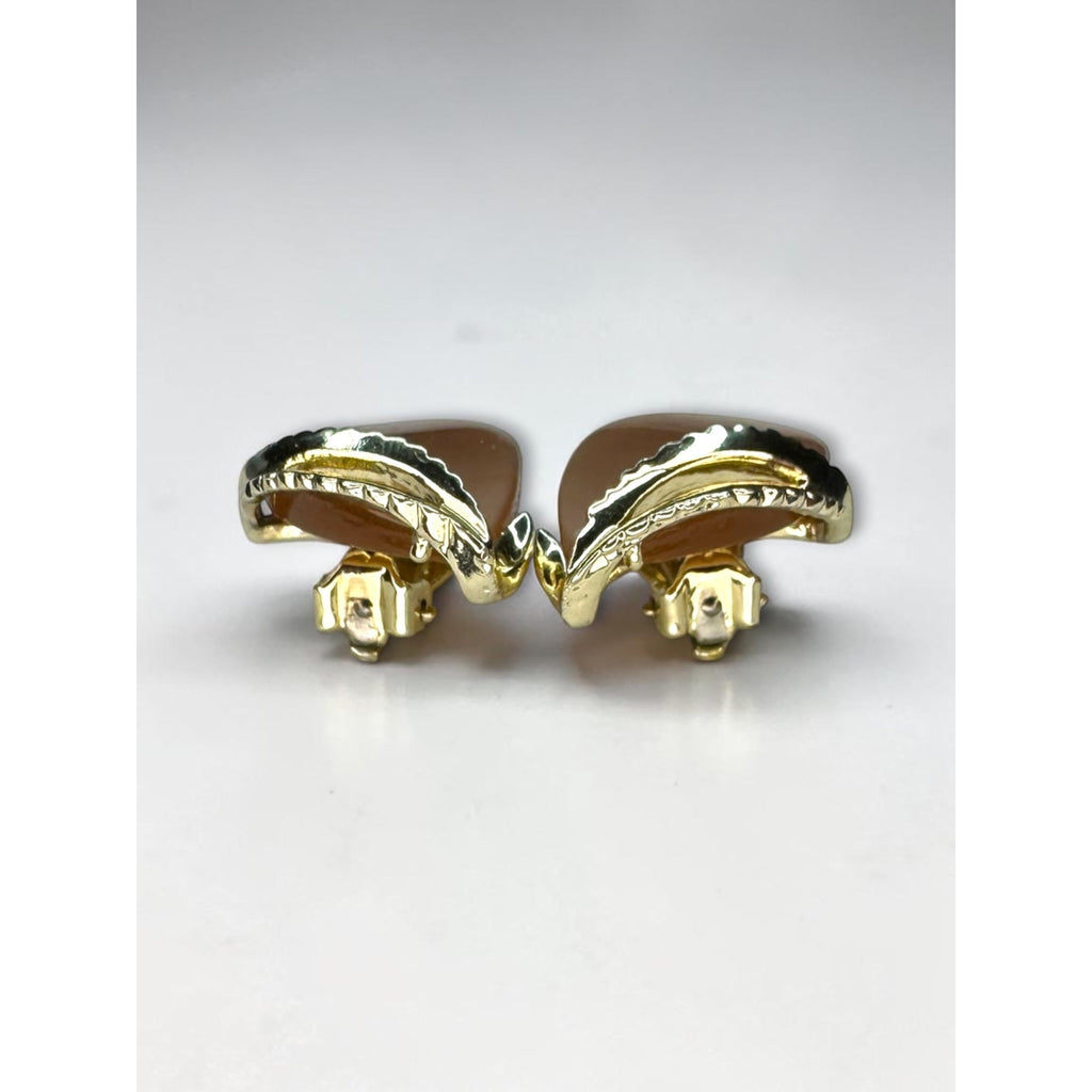 Tan Lucite Teardrop Leaf Clip On Earrings Gold Tone 1960s Vintage