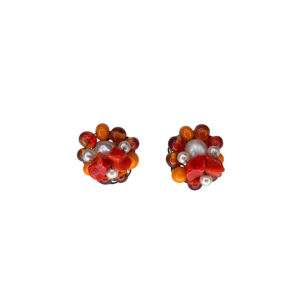 Japan Cluster Clip on Earrings Orange Glass Faux Pearl 1950s Vintage