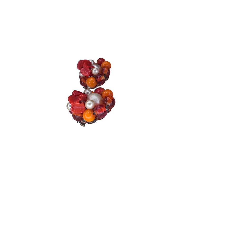 Japan Cluster Clip on Earrings Orange Glass Faux Pearl 1950s Vintage