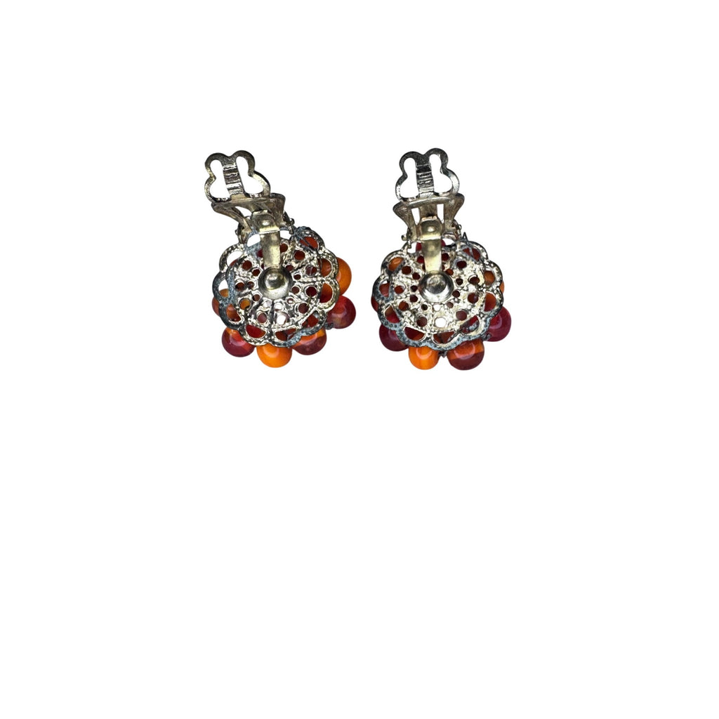 Japan Cluster Clip on Earrings Orange Glass Faux Pearl 1950s Vintage