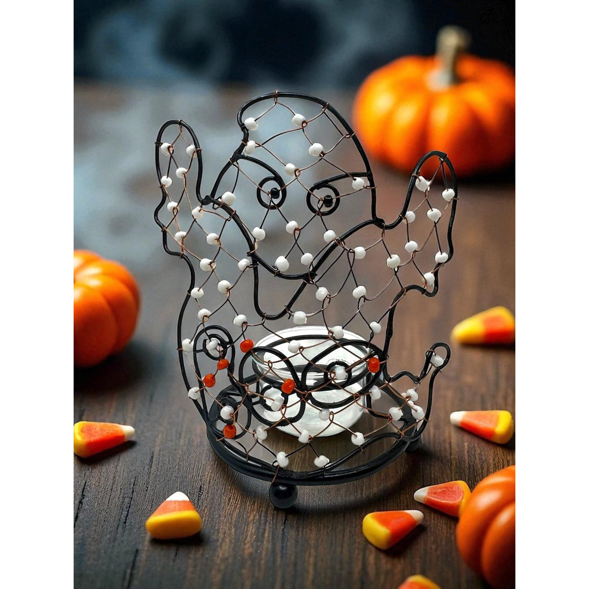 Halloween Ghost Wire Wrapped Beaded Tea Light Candle Holder
