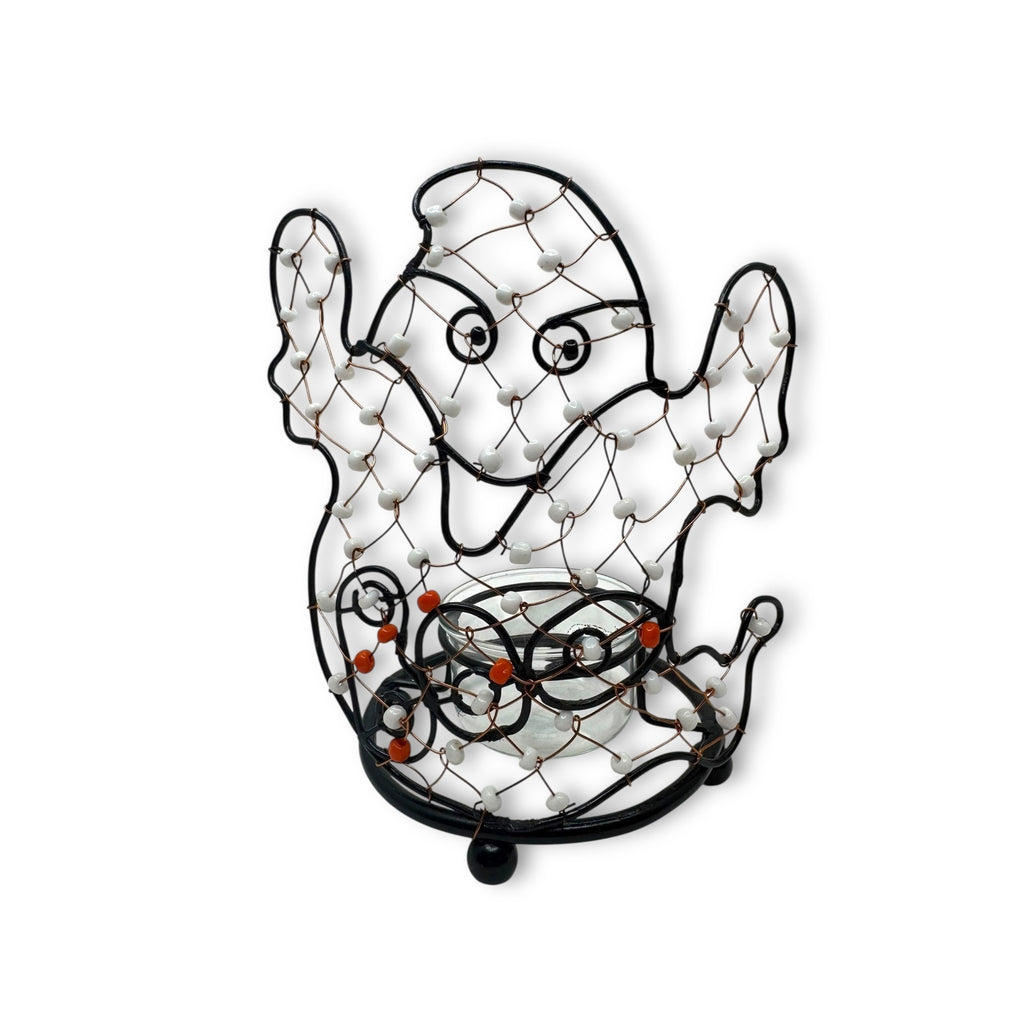 Halloween Ghost Wire Wrapped Beaded Tea Light Candle Holder