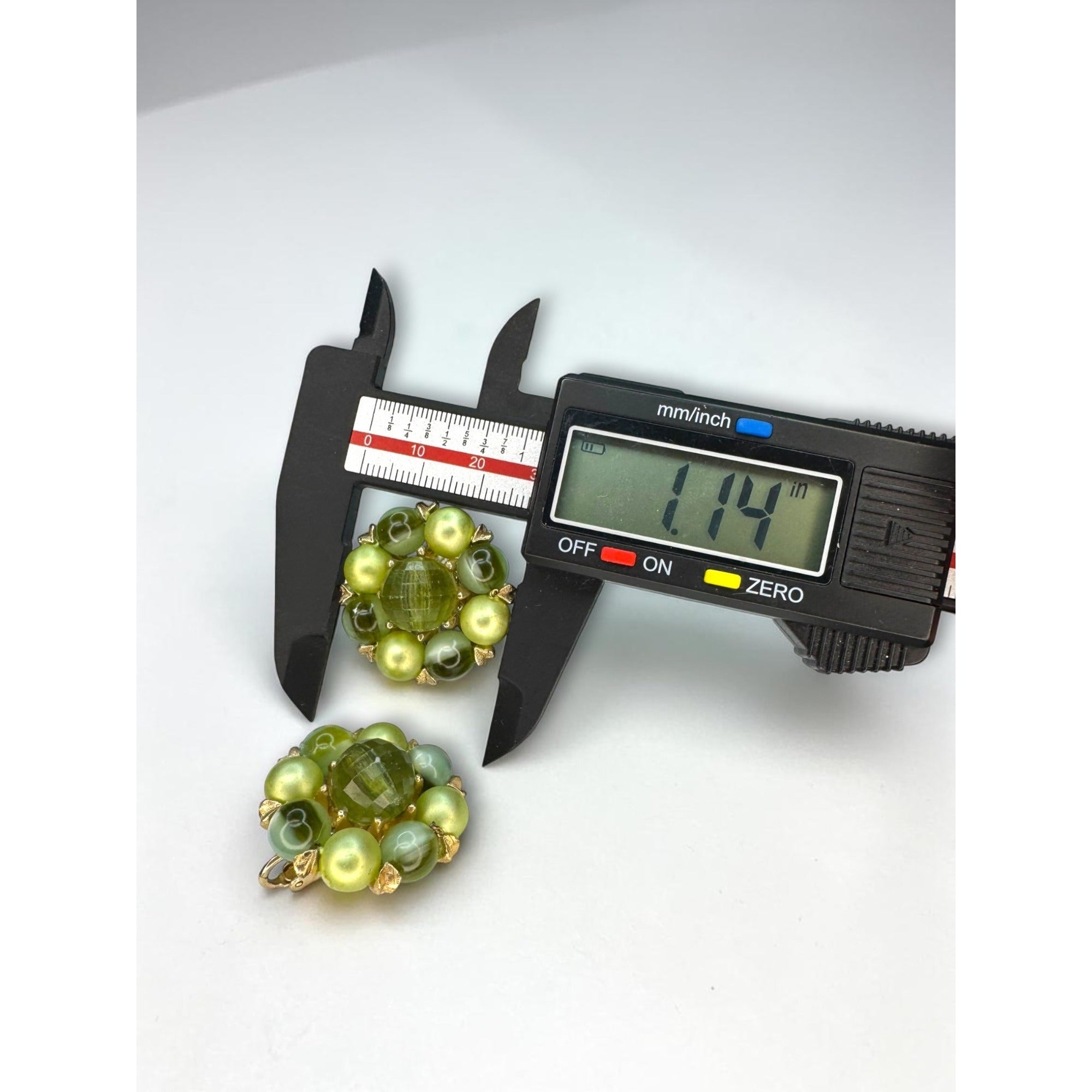Green Beaded Cluster Clip On Earrings Gold Tone 1960s Vintage