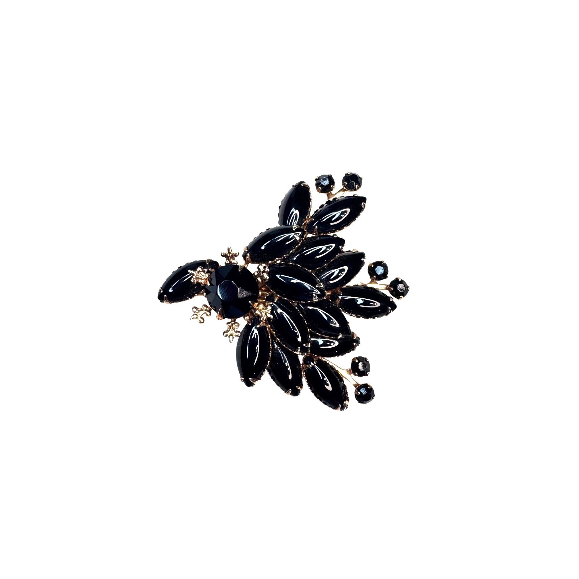 Black Glass Navette Rhinestone Spray Brooch Unsigned 1950s Vintage