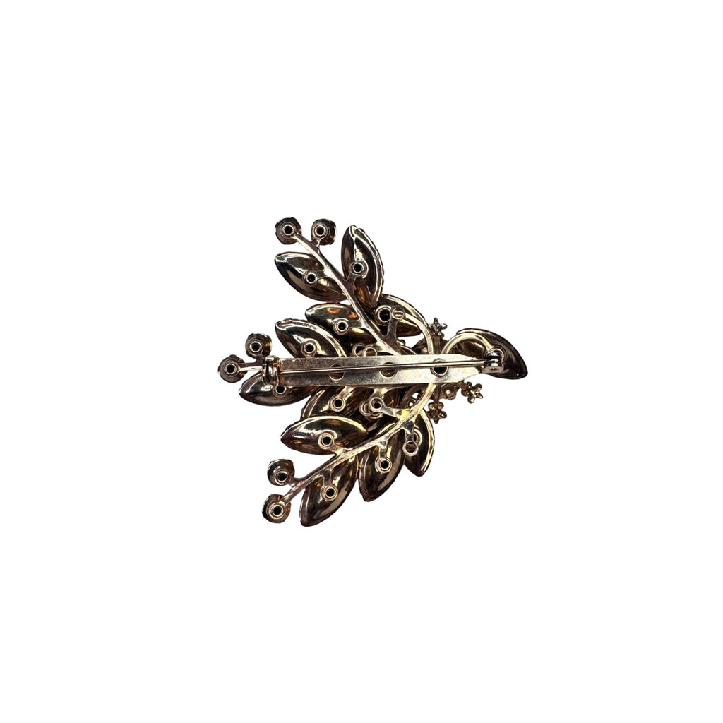 Black Glass Navette Rhinestone Spray Brooch Unsigned 1950s Vintage