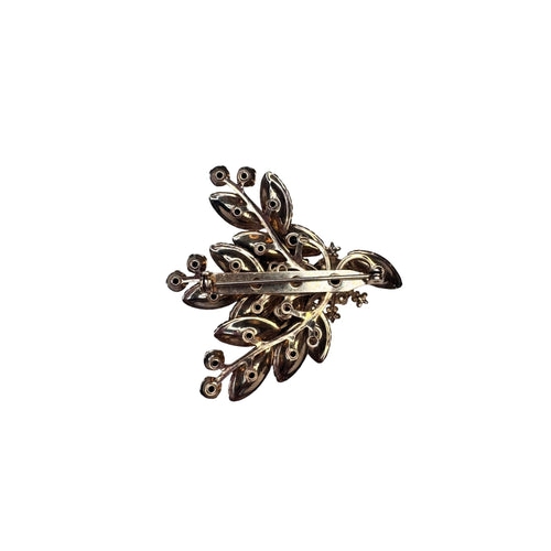 Black Glass Navette Rhinestone Spray Brooch Unsigned 1950s Vintage