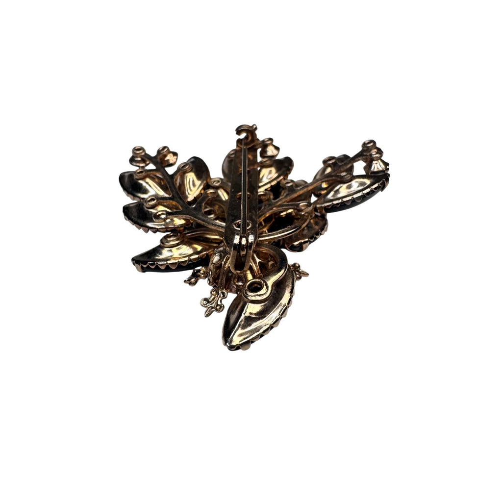 Black Glass Navette Rhinestone Spray Brooch Unsigned 1950s Vintage