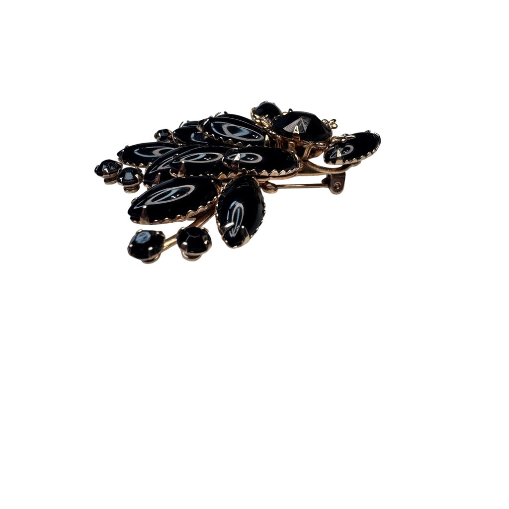 Black Glass Navette Rhinestone Spray Brooch Unsigned 1950s Vintage