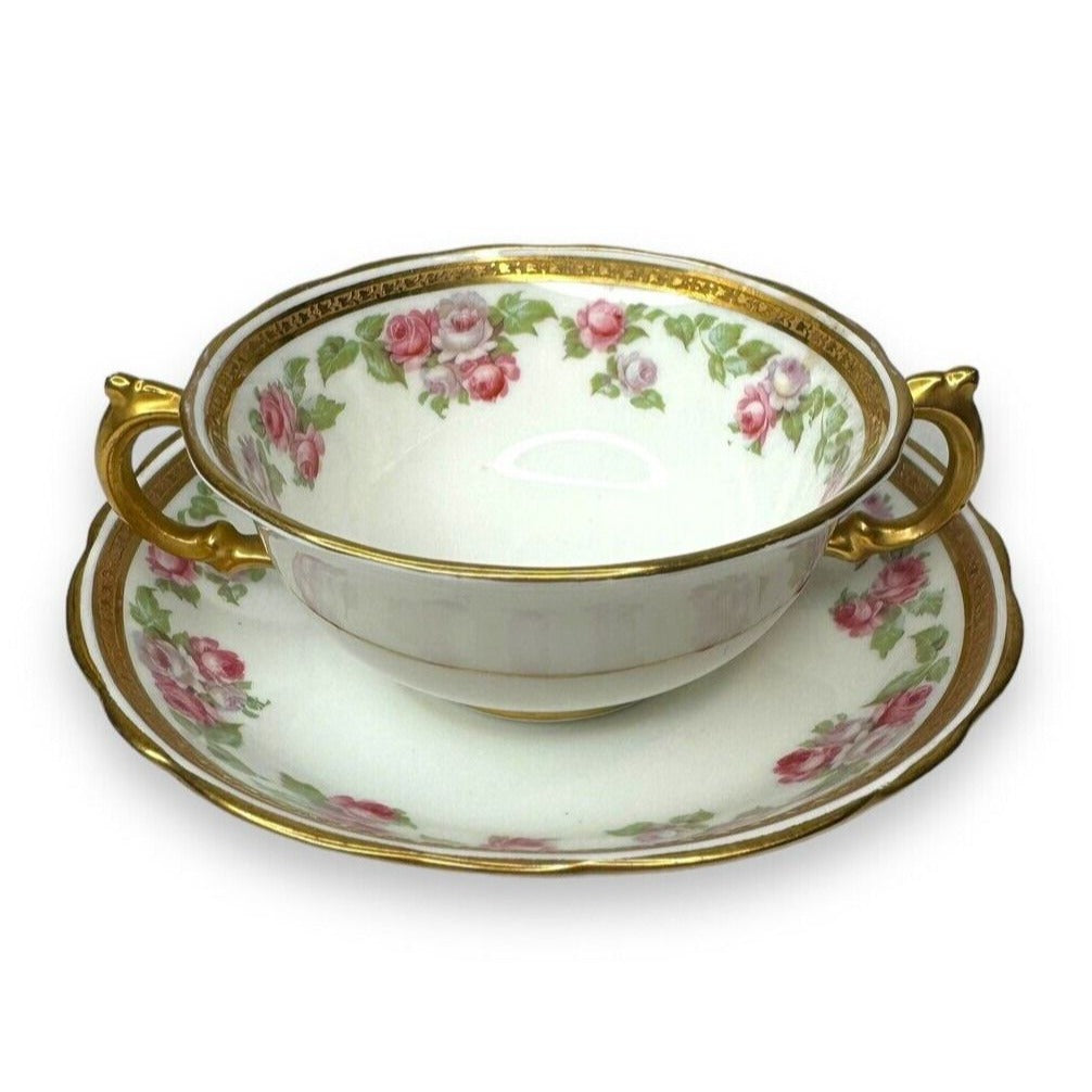 Tiffany & Co Adderley Bouillon Cup & Saucer Set Pink Roses Gold Trim England