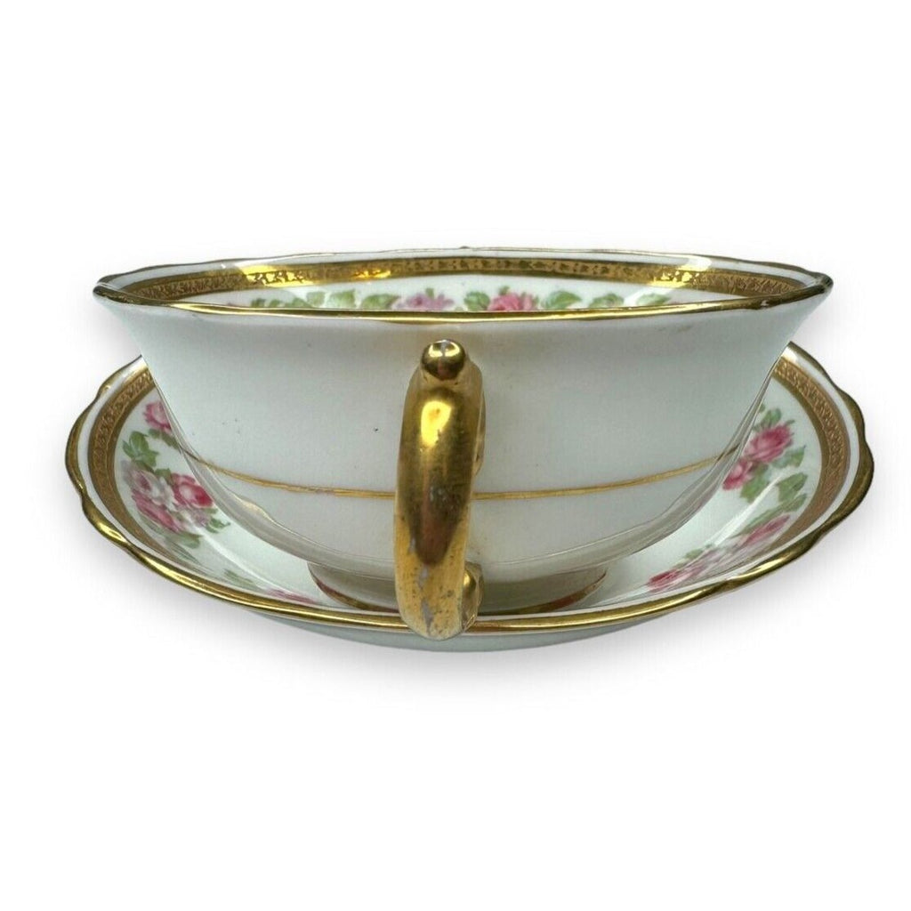 Tiffany & Co Adderley Bouillon Cup & Saucer Set Pink Roses Gold Trim England