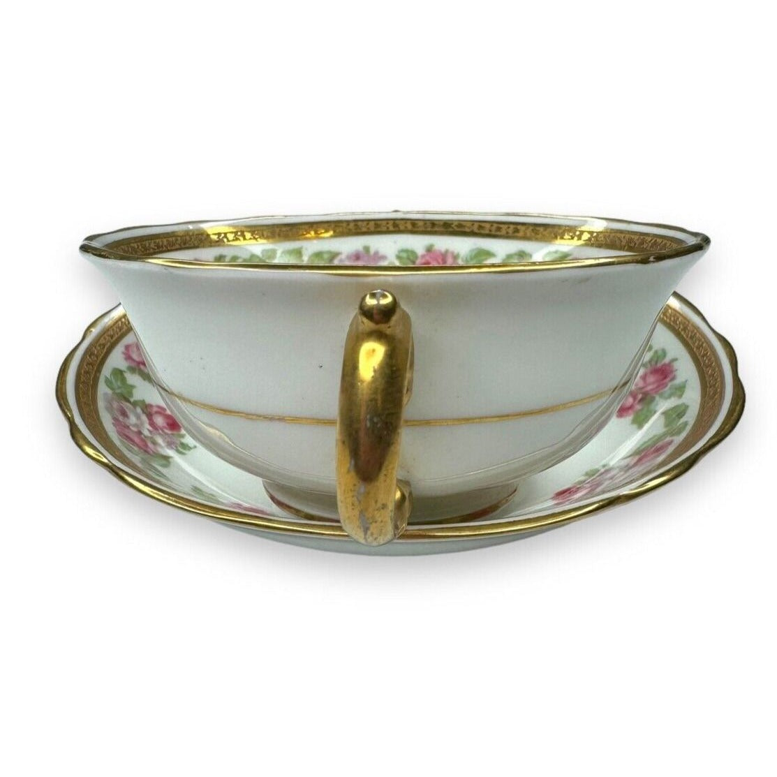 Tiffany & Co Adderley Bouillon Cup & Saucer Set Pink Roses Gold Trim England