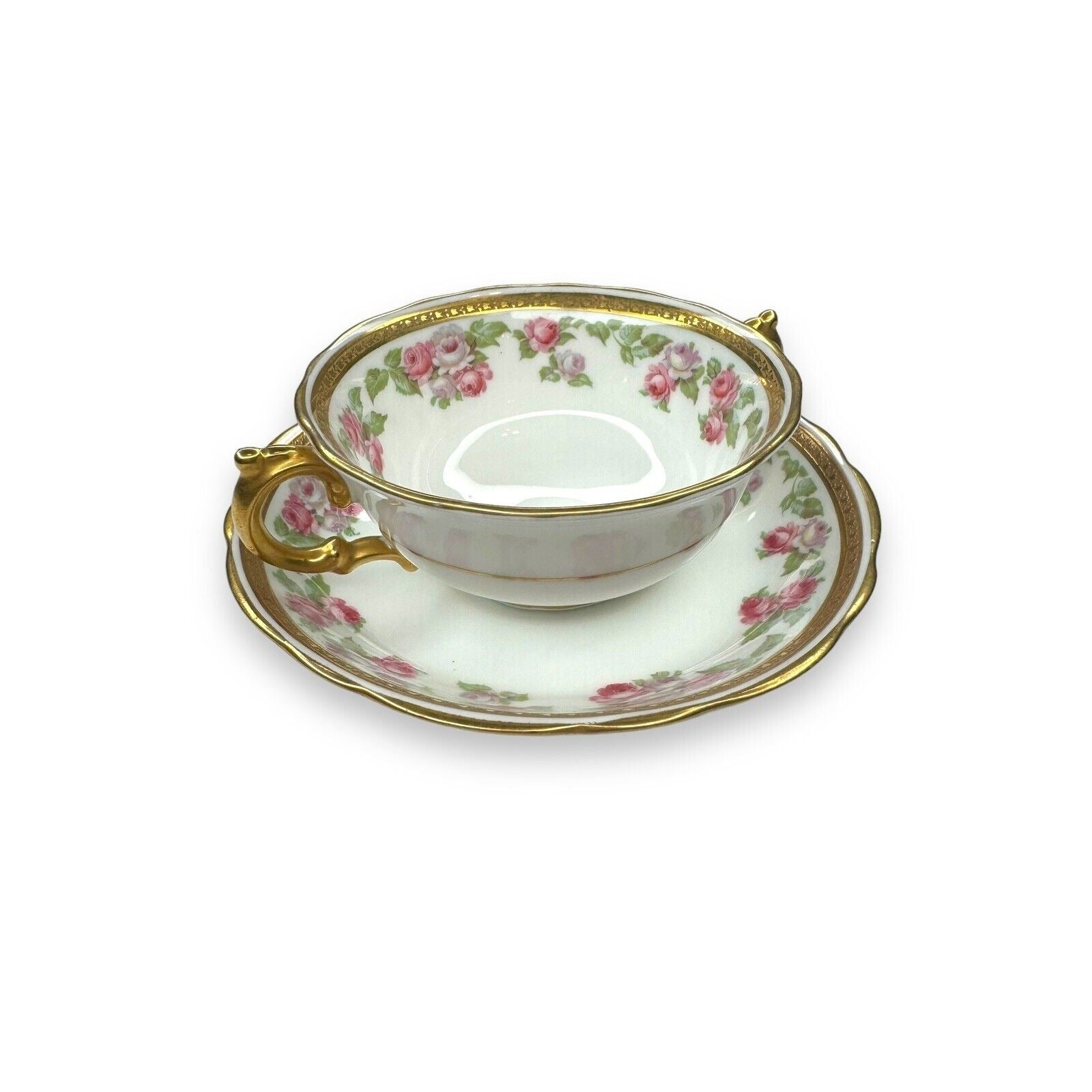 Tiffany & Co Adderley Bouillon Cup & Saucer Set Pink Roses Gold Trim England