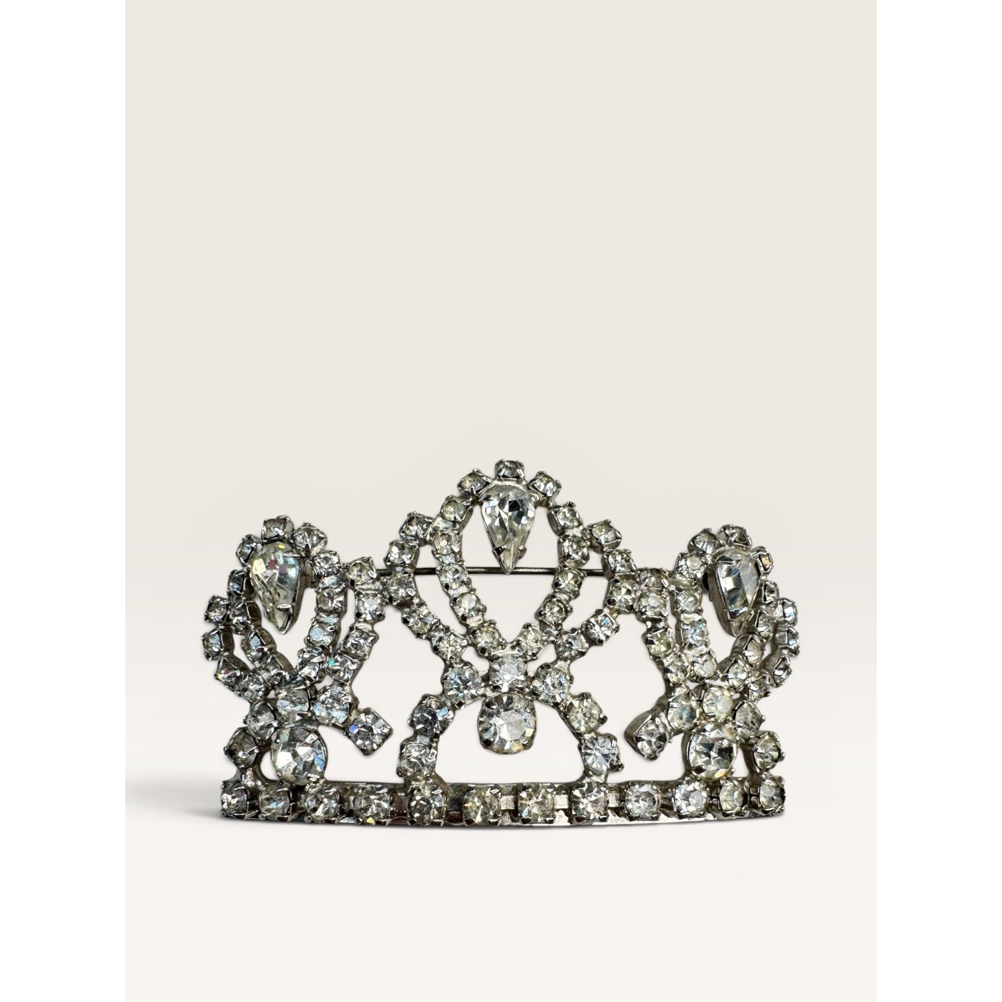 1950s Clear Crystal Crown Brooch Silver Tone Tiara Royal Vintage