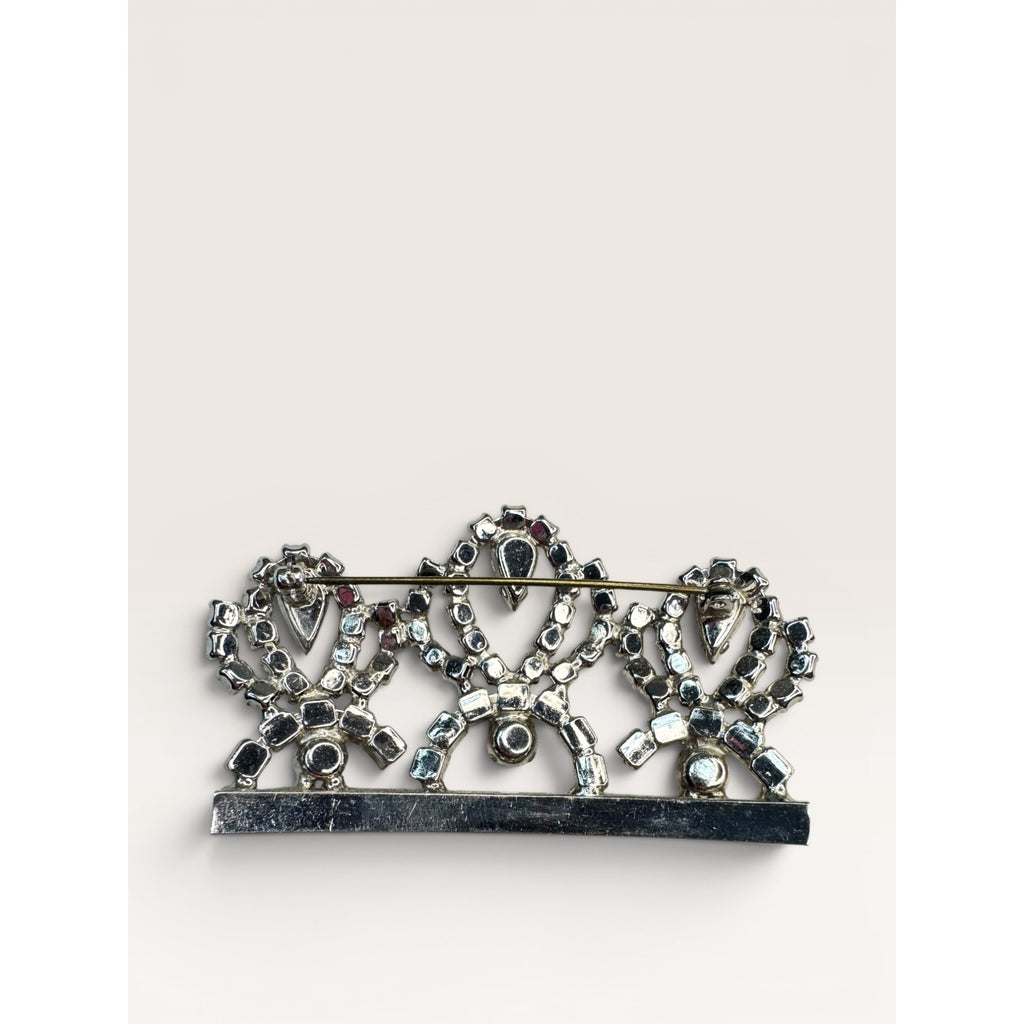 1950s Clear Crystal Crown Brooch Silver Tone Tiara Royal Vintage