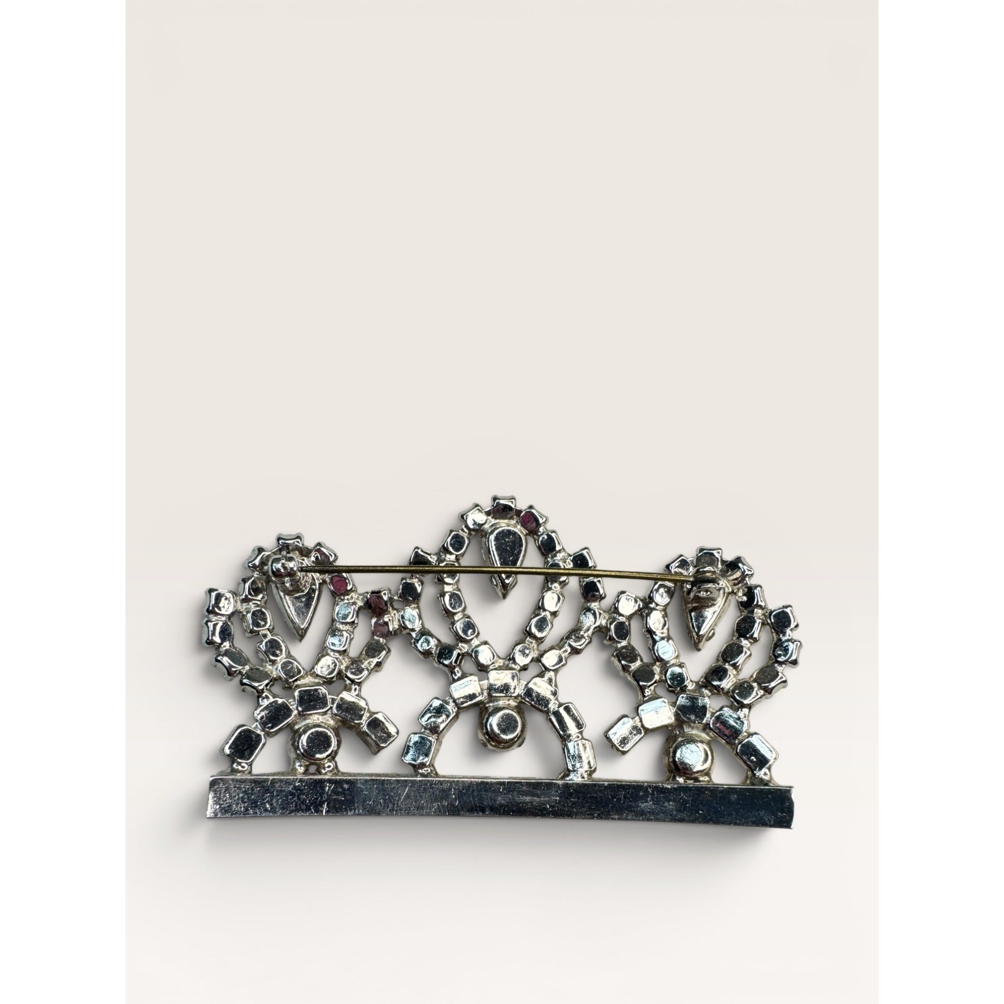 1950s Clear Crystal Crown Brooch Silver Tone Tiara Royal Vintage