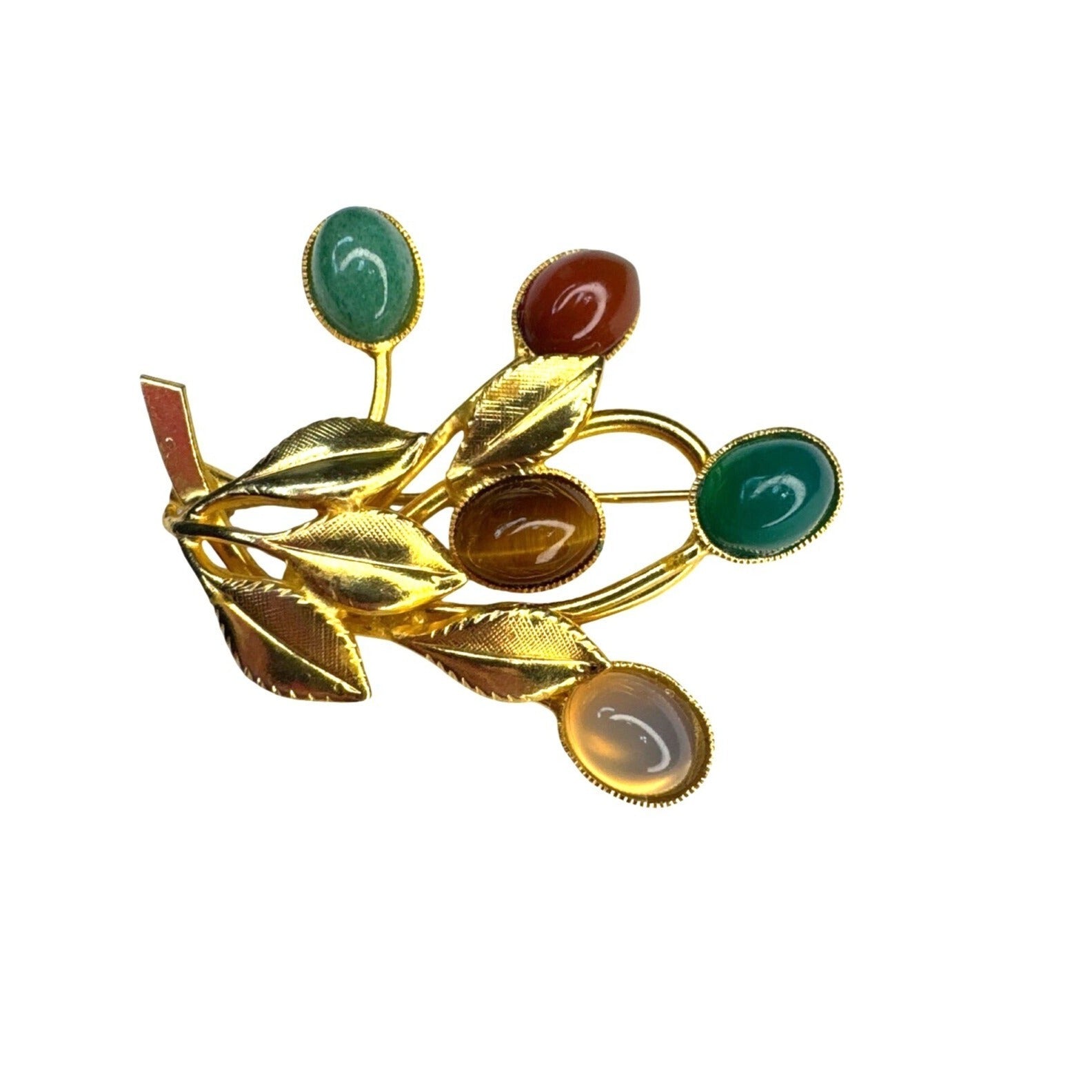 Branch Brooch Gold Tone Mixed Stone Cabochon Leaf Pin 1960s