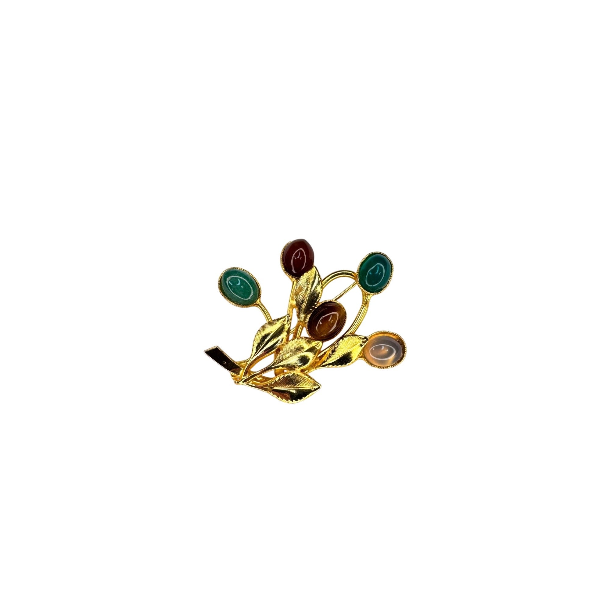 Branch Brooch Gold Tone Mixed Stone Cabochon Leaf Pin 1960s