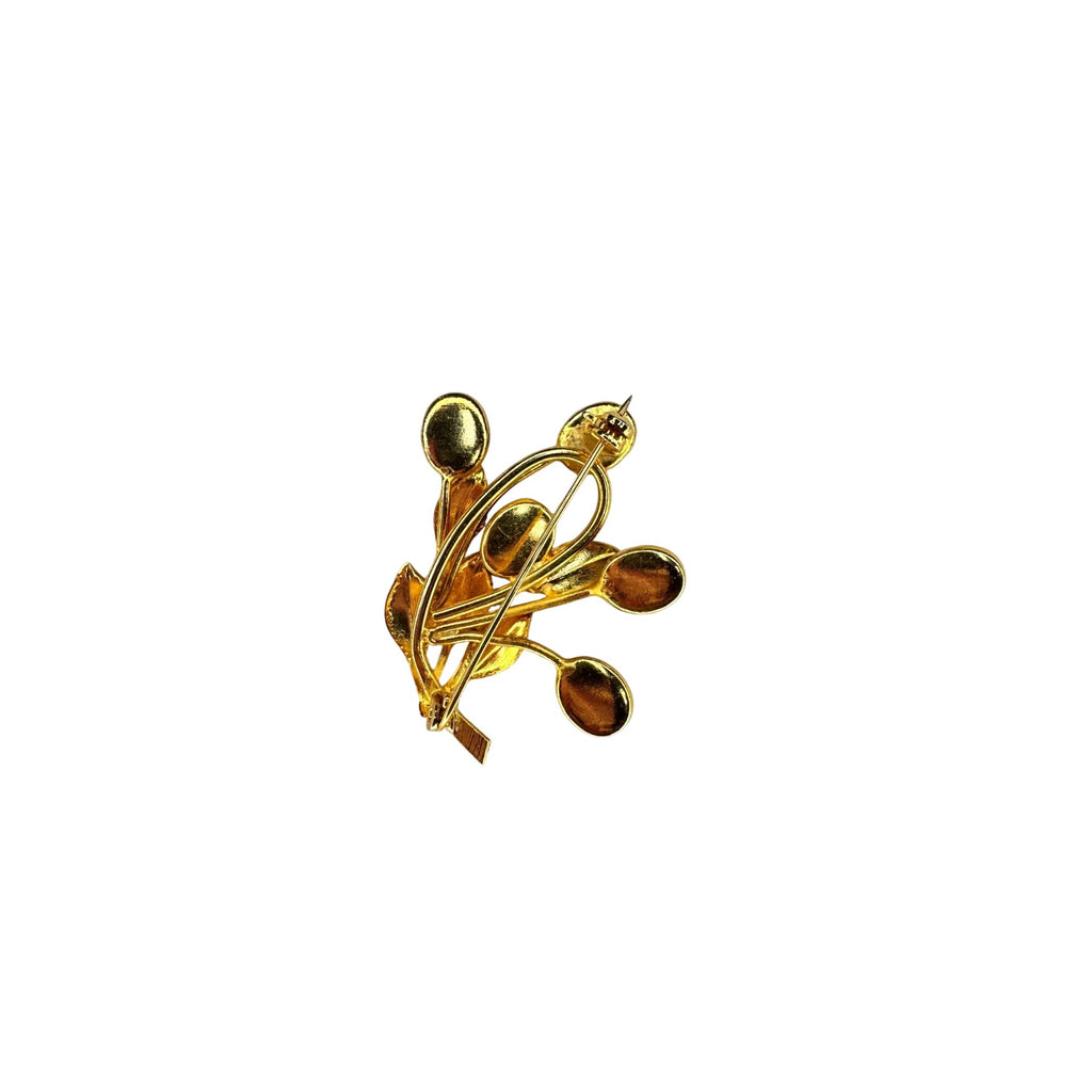 Branch Brooch Gold Tone Mixed Stone Cabochon Leaf Pin 1960s
