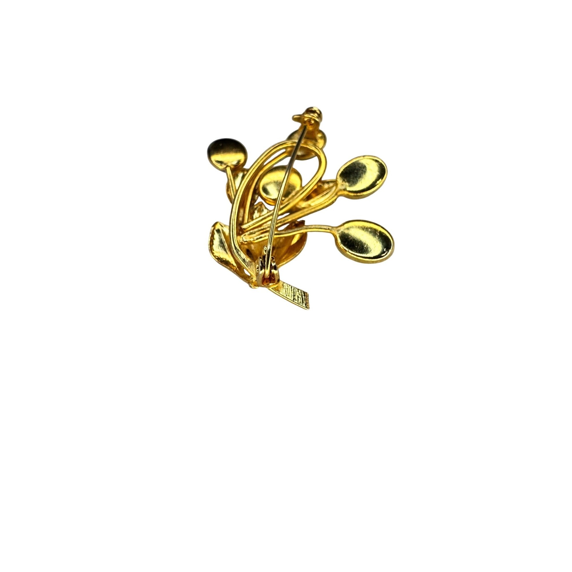 Branch Brooch Gold Tone Mixed Stone Cabochon Leaf Pin 1960s