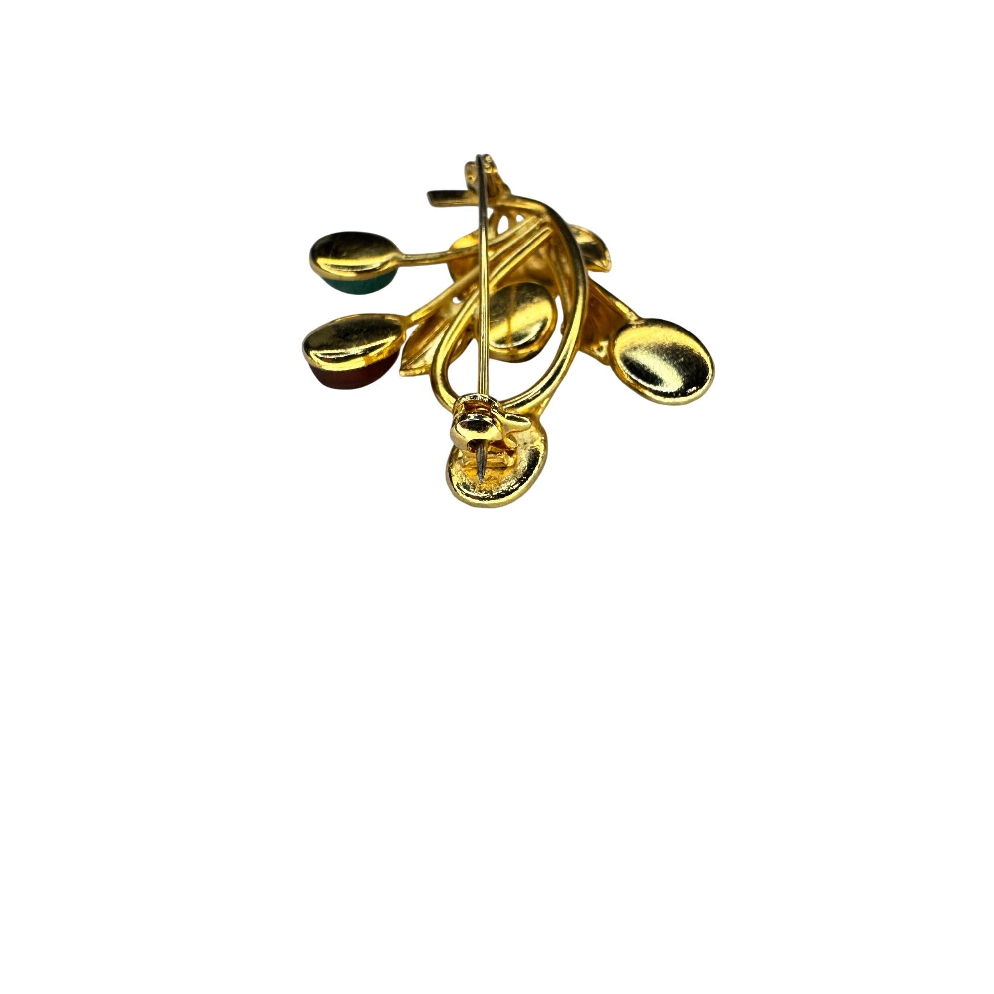 Branch Brooch Gold Tone Mixed Stone Cabochon Leaf Pin 1960s