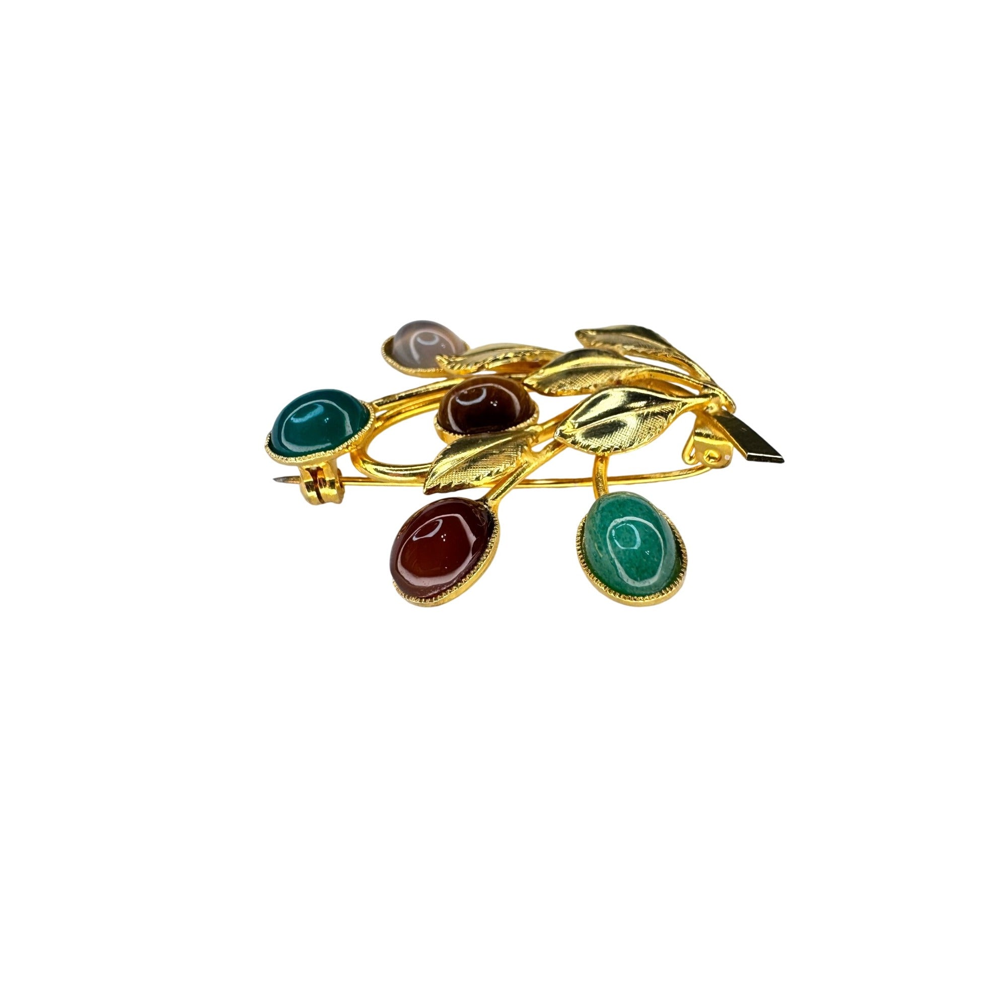 Branch Brooch Gold Tone Mixed Stone Cabochon Leaf Pin 1960s