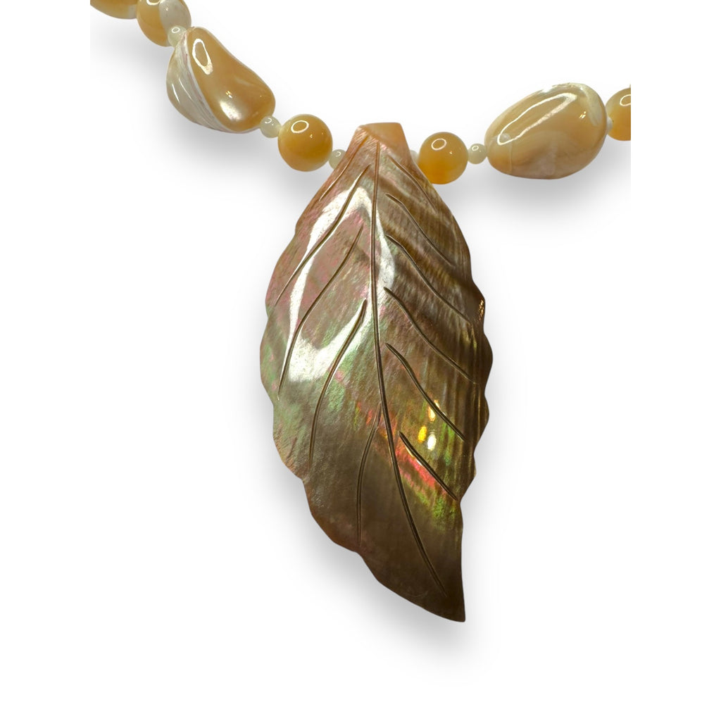 Mother Of Pearl Abalone Leaf Necklace With Sterling Silver Lobster Clasp 18.5"