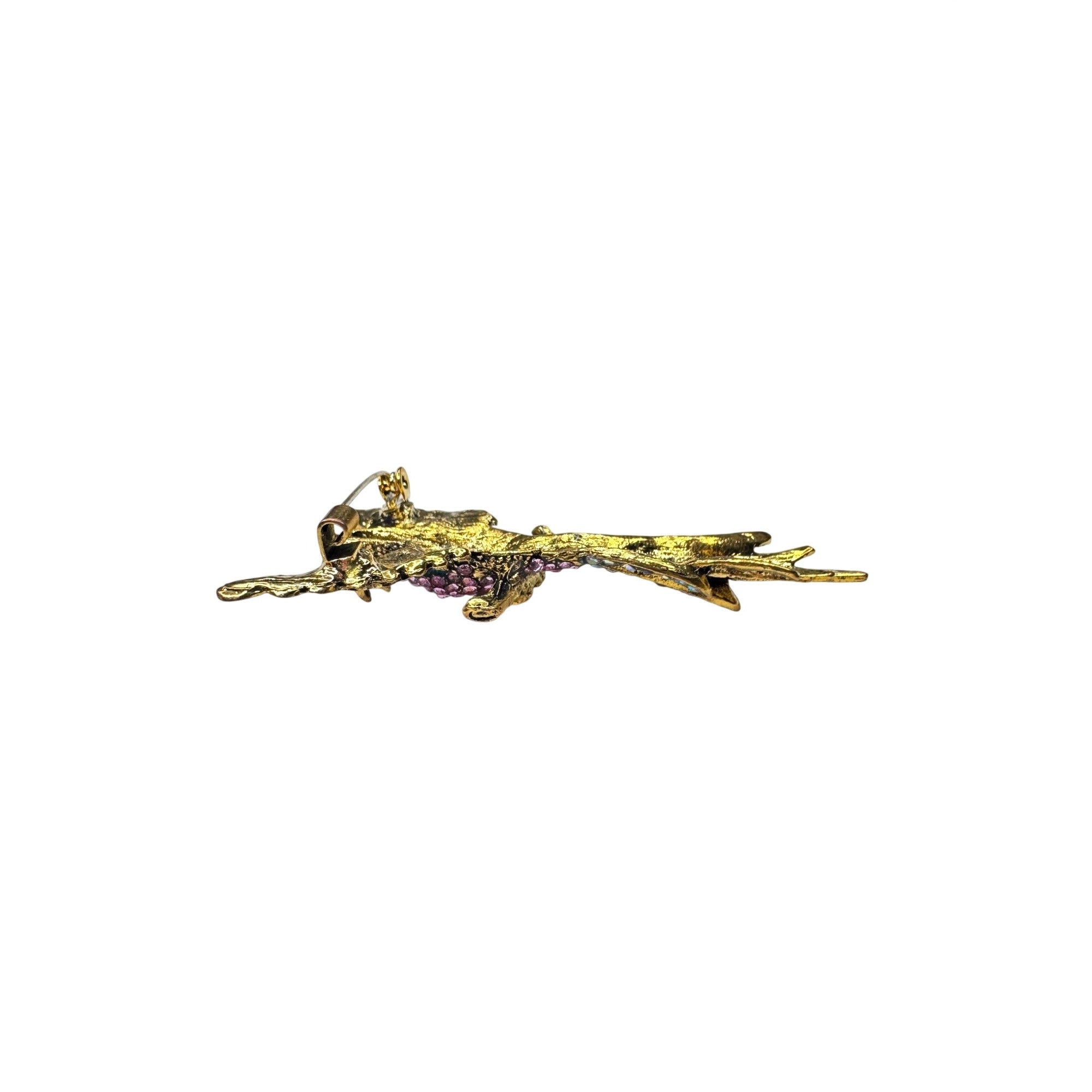 Unsigned Crystal Hummingbird Brooch Pink Blue Rhinestone Gold Tone Modern