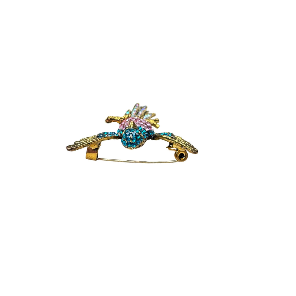 Unsigned Crystal Hummingbird Brooch Pink Blue Rhinestone Gold Tone Modern