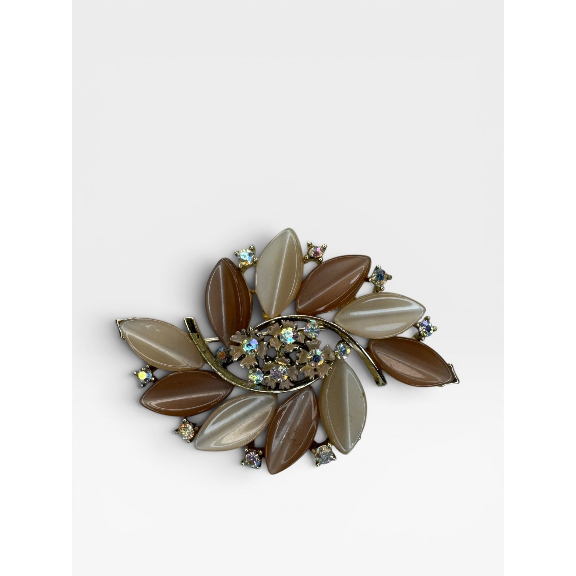 Lisner Lucite Leaf Brooch AB Crystal Floral Spray Pin Gold Tone