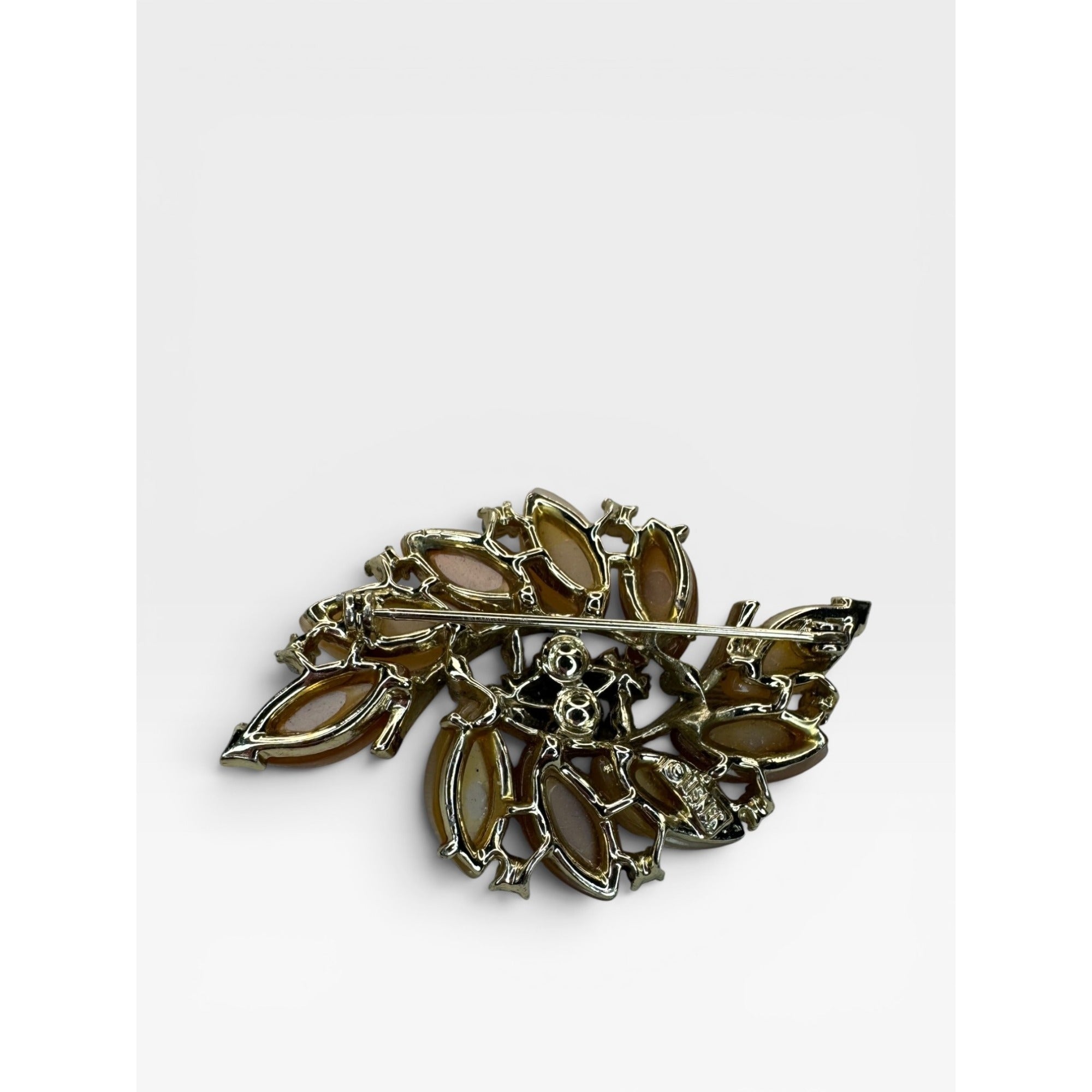 Lisner Lucite Leaf Brooch AB Crystal Floral Spray Pin Gold Tone