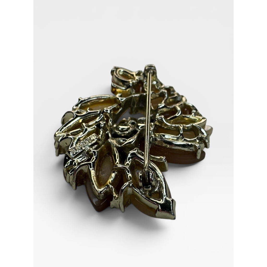 Lisner Lucite Leaf Brooch AB Crystal Floral Spray Pin Gold Tone
