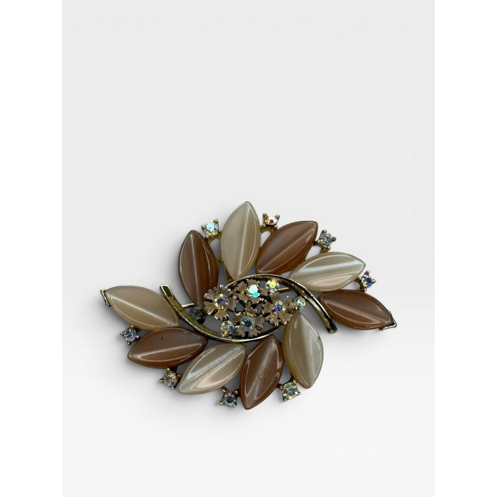 Lisner Lucite Leaf Brooch AB Crystal Floral Spray Pin Gold Tone