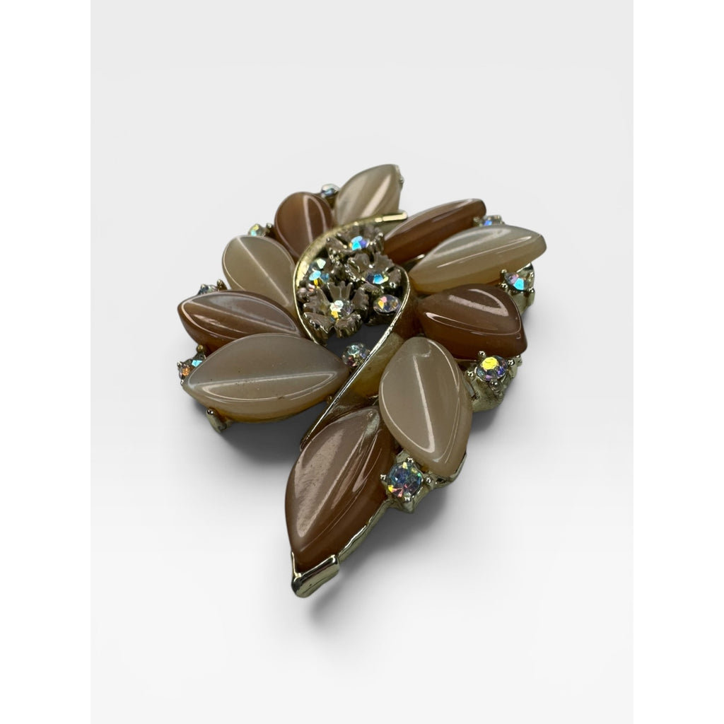 Lisner Lucite Leaf Brooch AB Crystal Floral Spray Pin Gold Tone