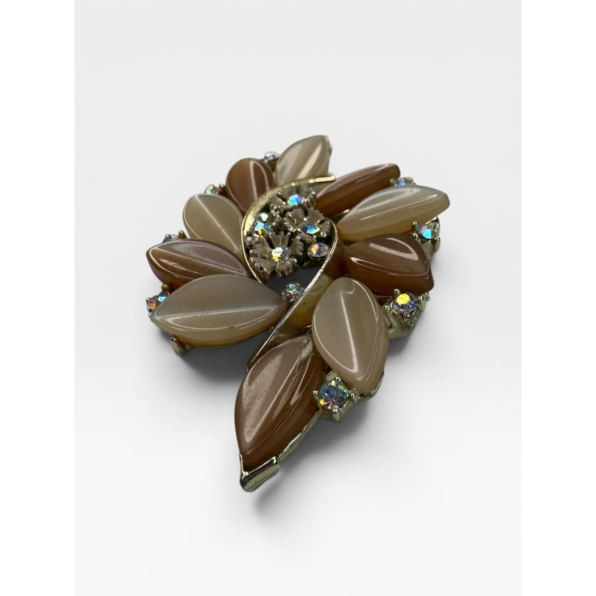 Lisner Lucite Leaf Brooch AB Crystal Floral Spray Pin Gold Tone