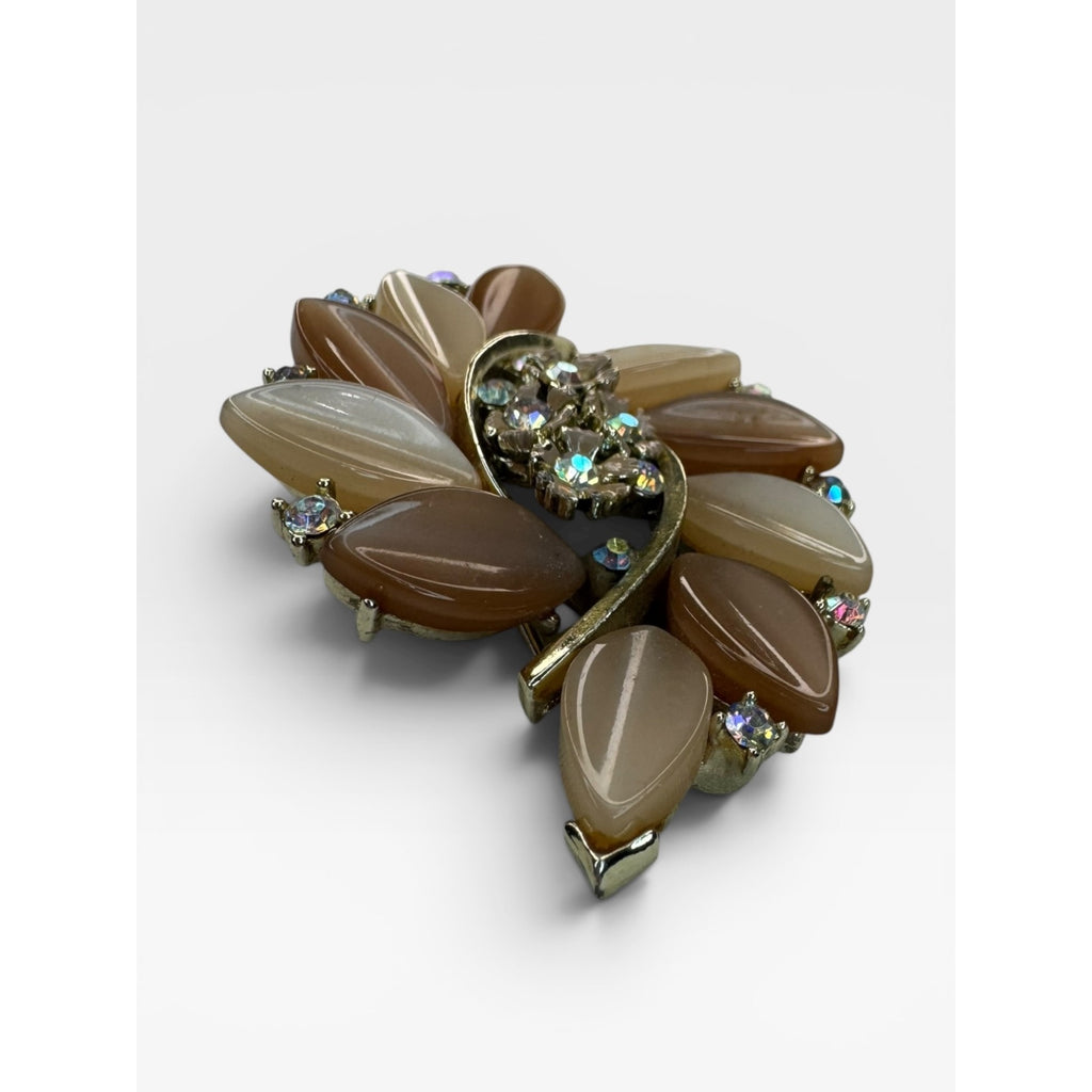 Lisner Lucite Leaf Brooch AB Crystal Floral Spray Pin Gold Tone