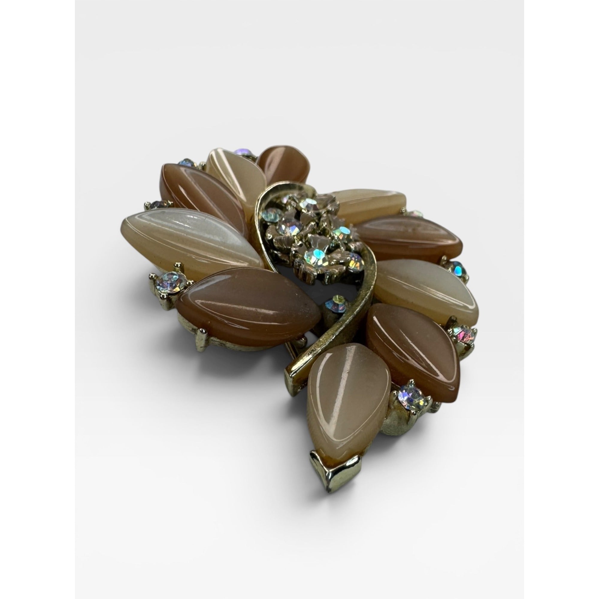 Lisner Lucite Leaf Brooch AB Crystal Floral Spray Pin Gold Tone
