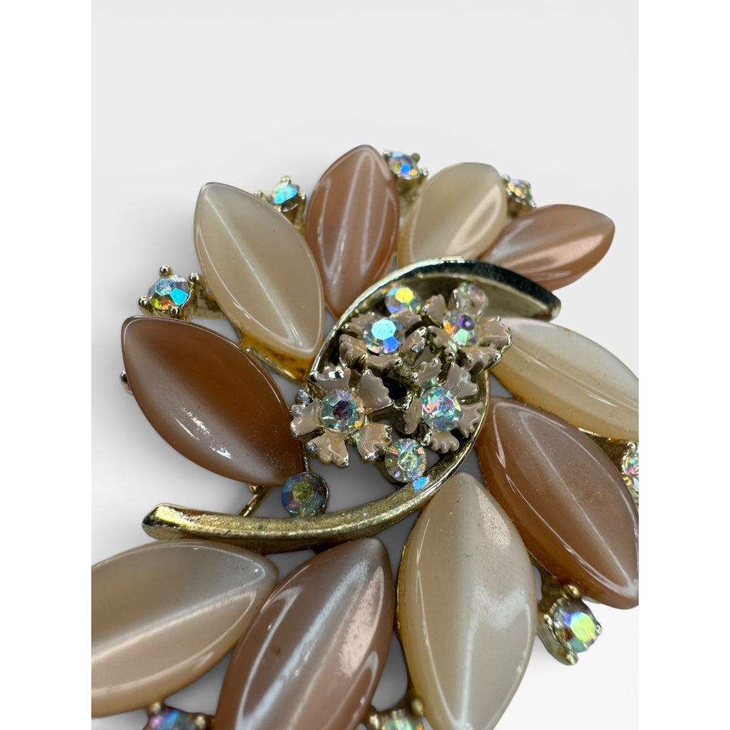 Lisner Lucite Leaf Brooch AB Crystal Floral Spray Pin Gold Tone