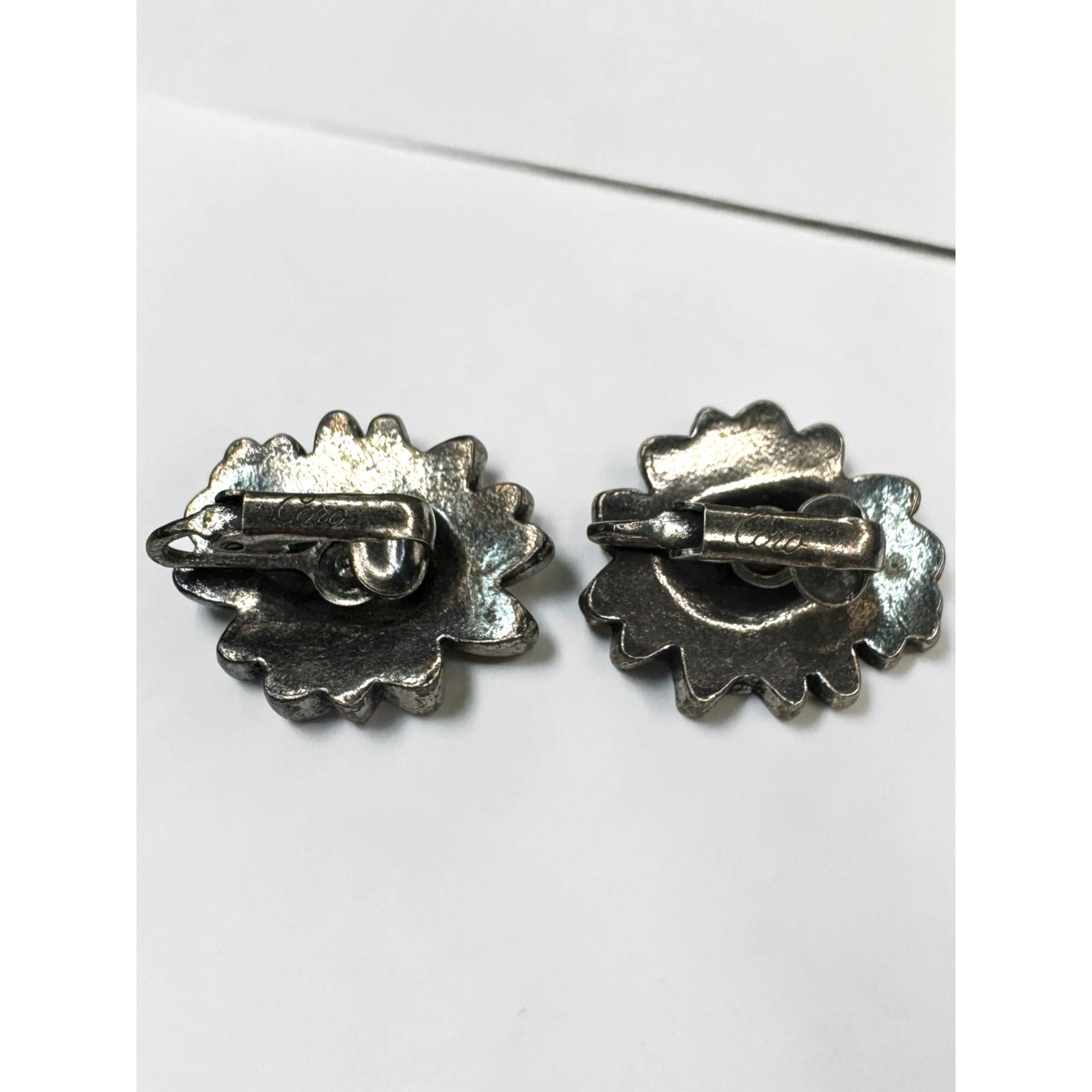 Coro Silver Tone Floral Clip On Earrings Signed Vintage Mid Century