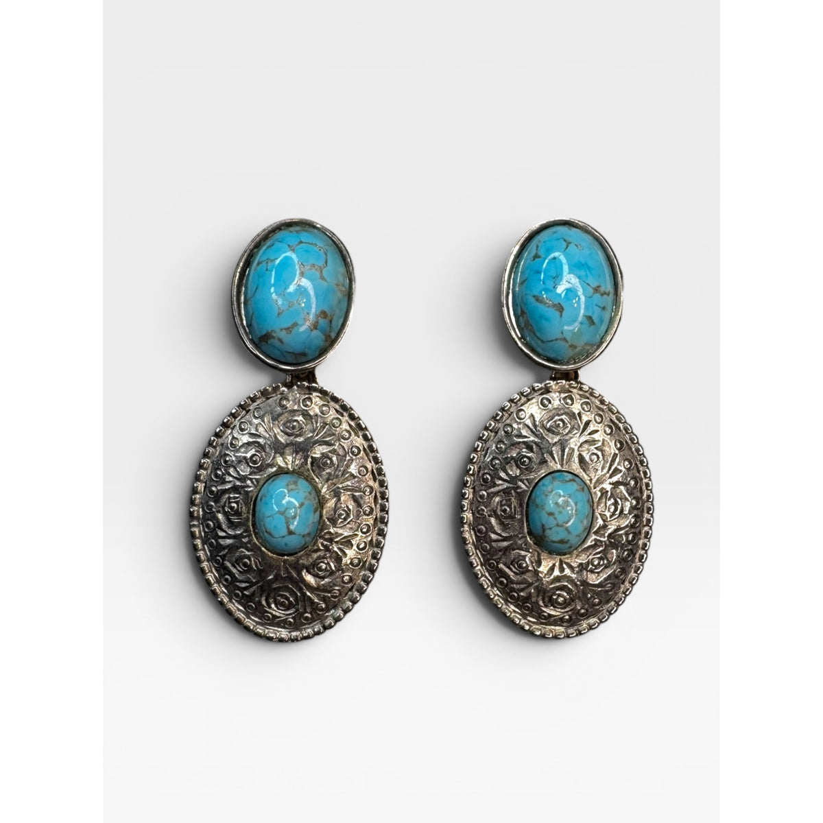 Blue Gold Speckled Glass Cabochon Dangle Earrings Silver Tone Floral Vintage
