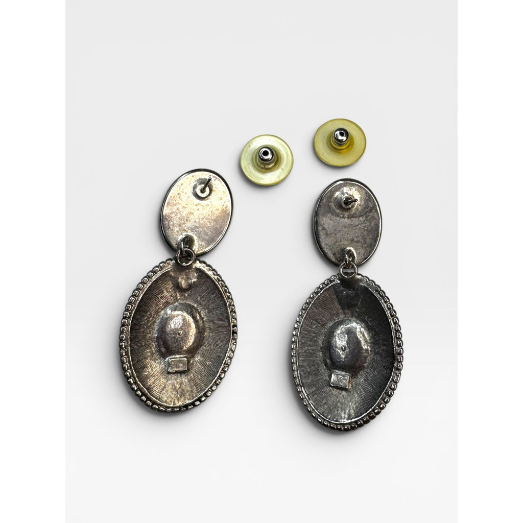 Blue Gold Speckled Glass Cabochon Dangle Earrings Silver Tone Floral Vintage