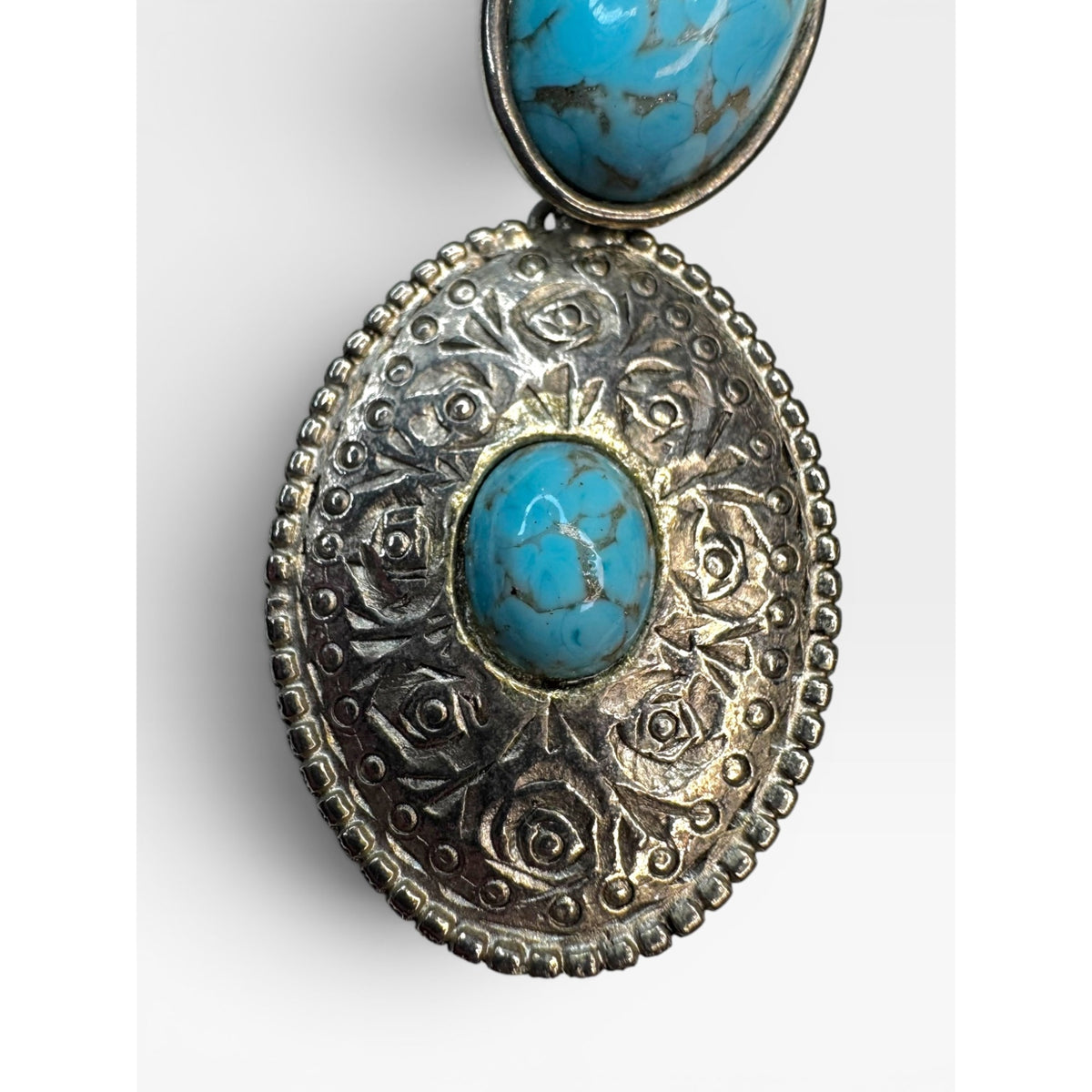 Blue Gold Speckled Glass Cabochon Dangle Earrings Silver Tone Floral Vintage