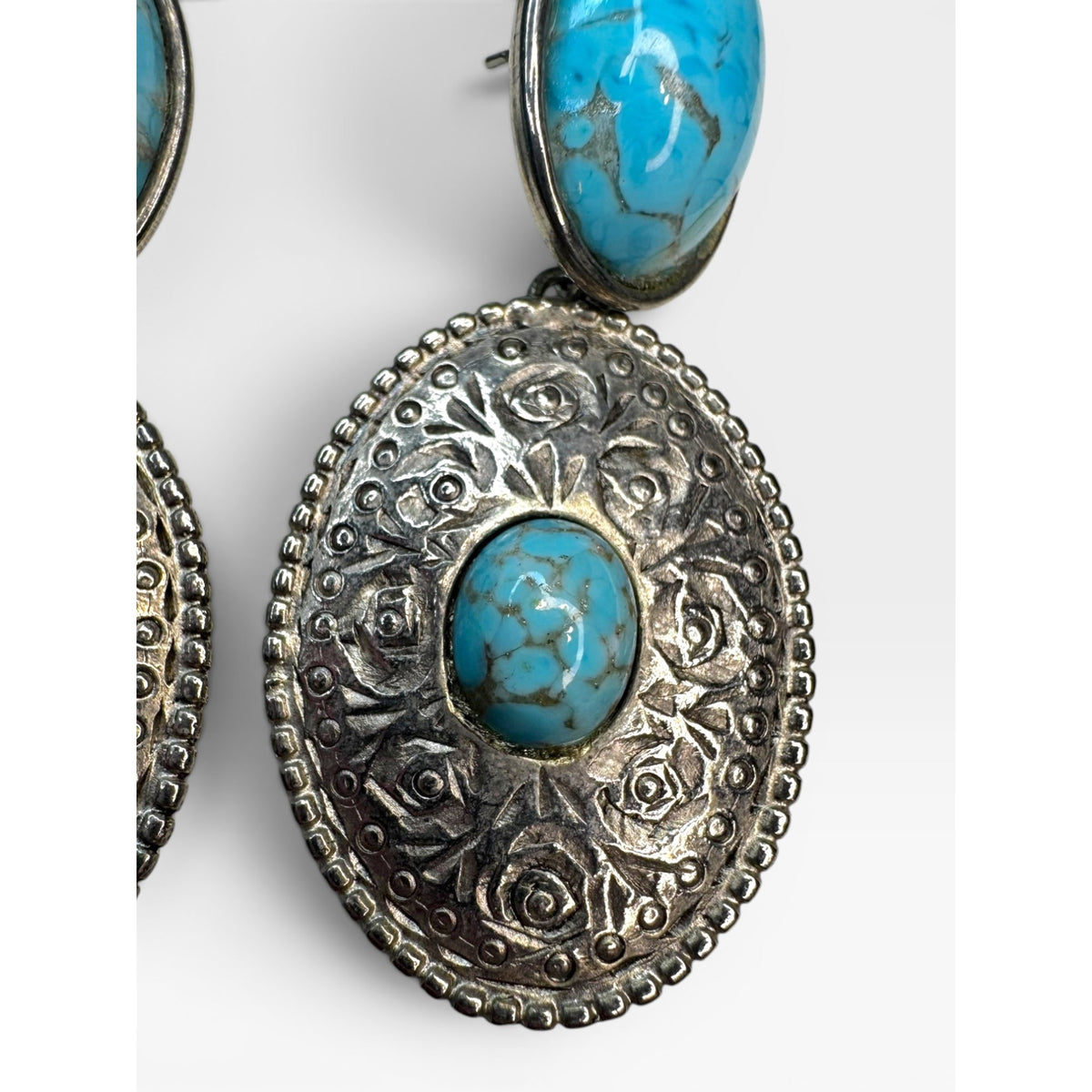 Blue Gold Speckled Glass Cabochon Dangle Earrings Silver Tone Floral Vintage