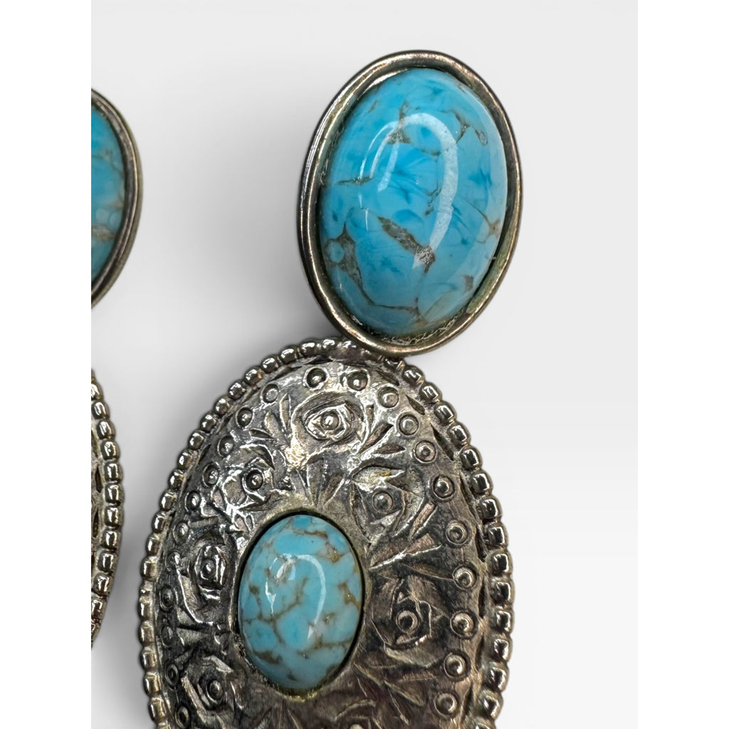 Blue Gold Speckled Glass Cabochon Dangle Earrings Silver Tone Floral Vintage