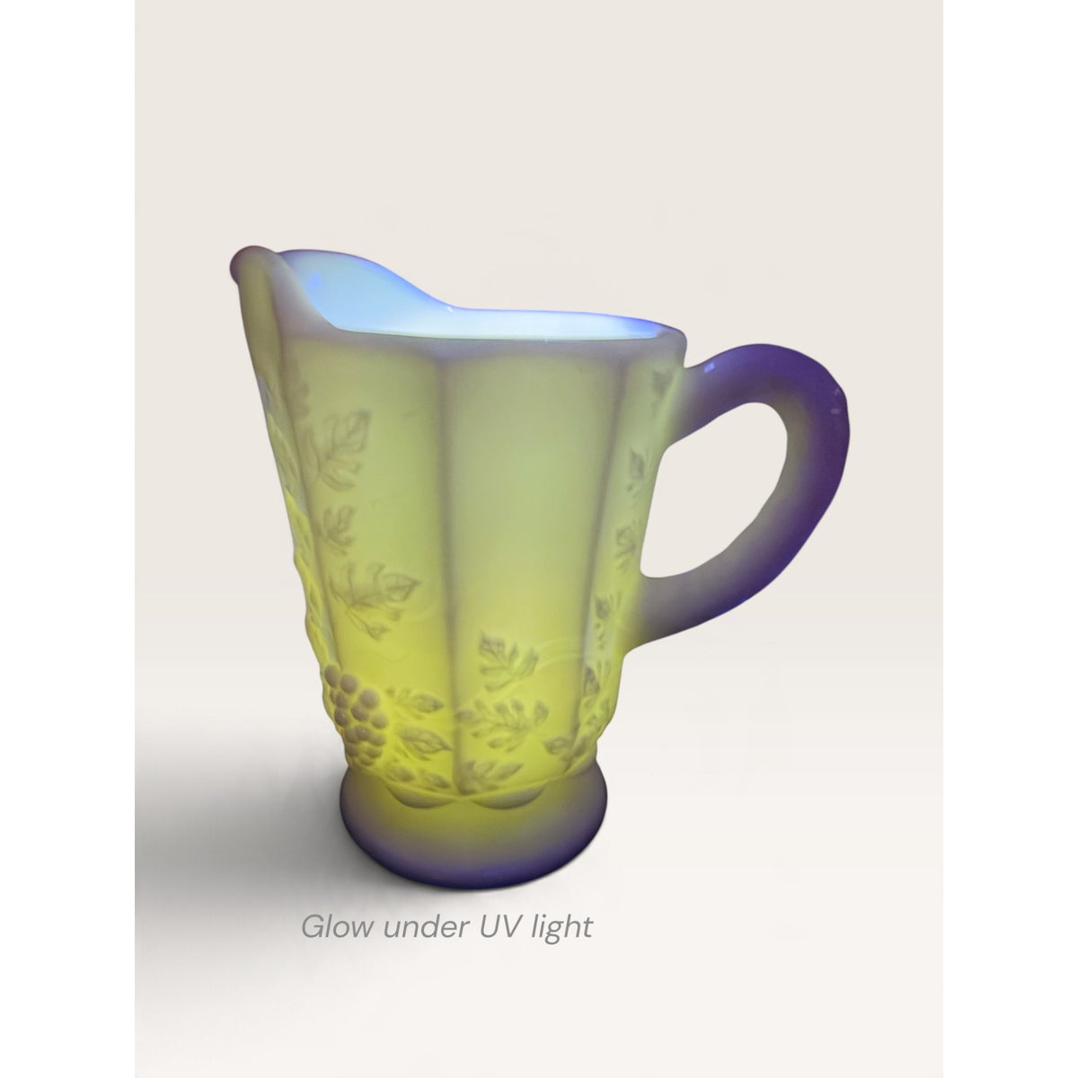 Westmoreland Milk Glass Paneled Grape Pitcher Creamer 4.5 Inch UV Glow