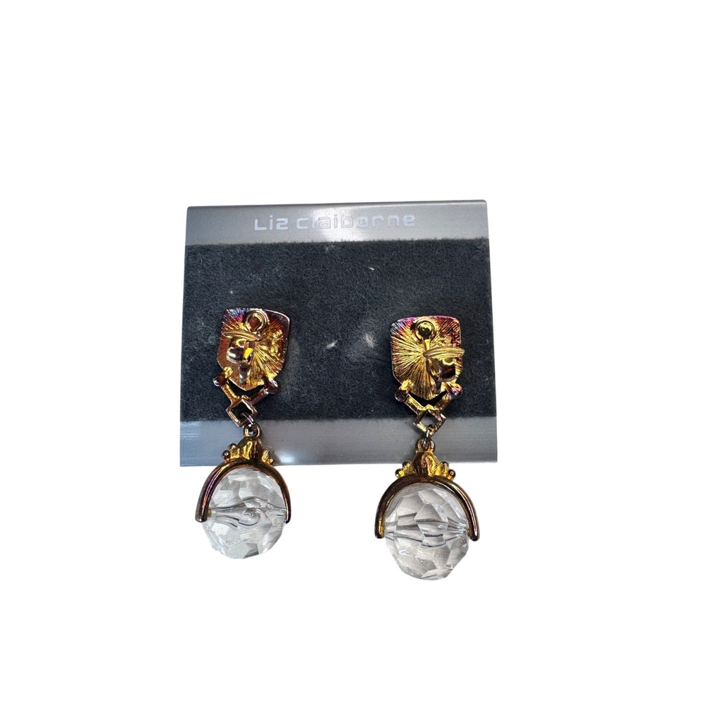 Liz Claiborne Clip On Earrings Gold Tone Clear Acrylic 1980s Vintage