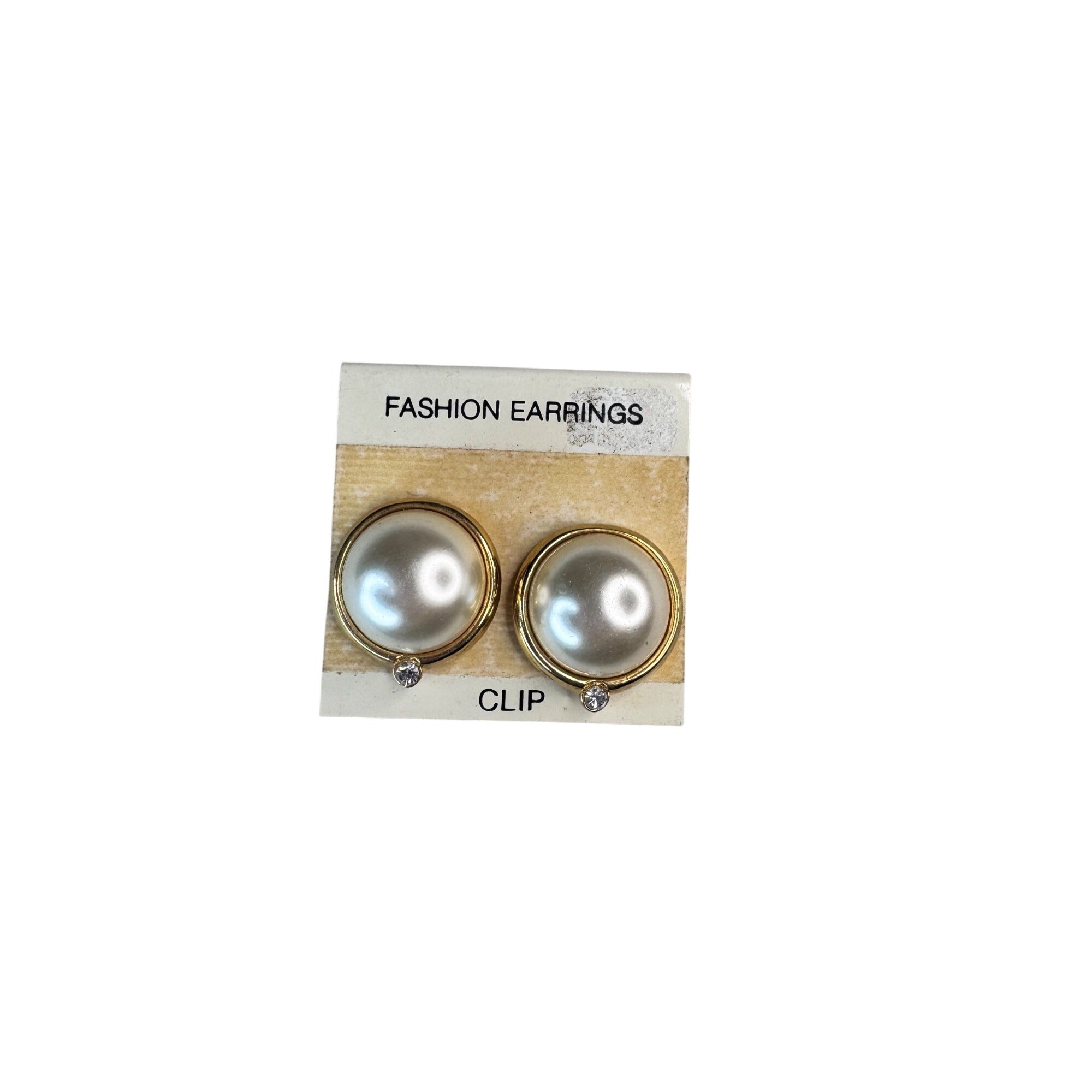 Unsigned Clip On Earrings Gold Faux Pearl Rhinestone 1990s Vintage