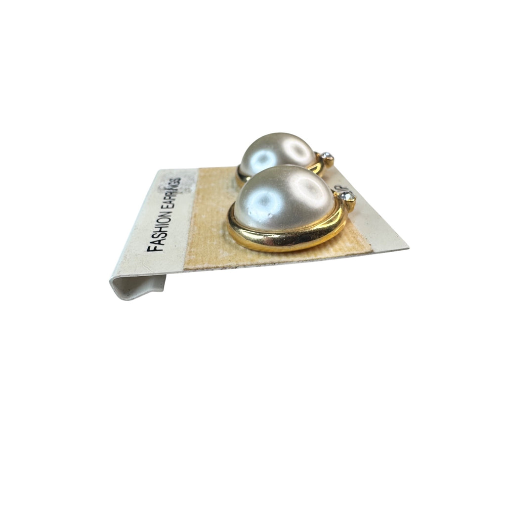 Unsigned Clip On Earrings Gold Faux Pearl Rhinestone 1990s Vintage